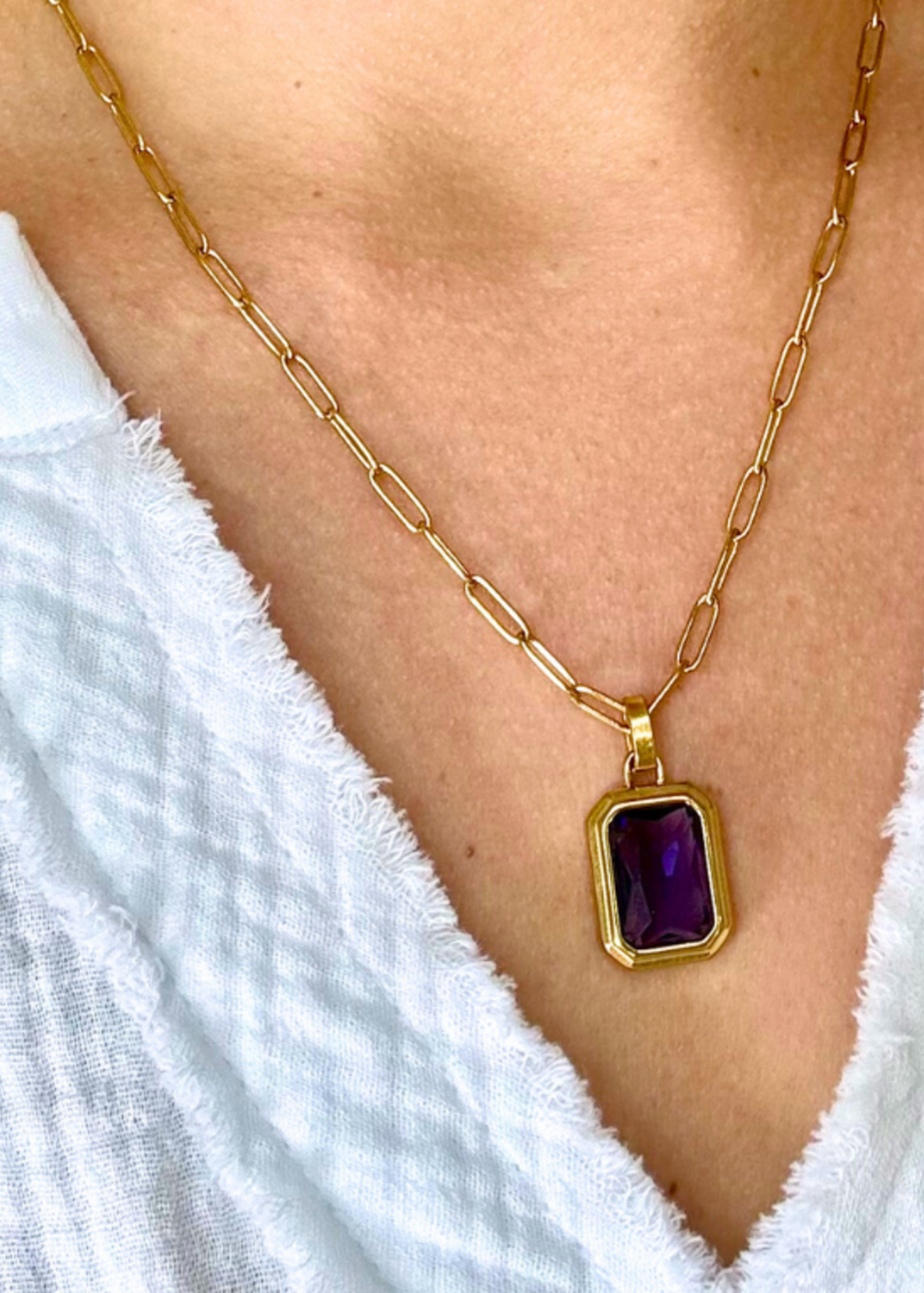 kiss me kate Gold Paperclip Necklace with Purple Stone
