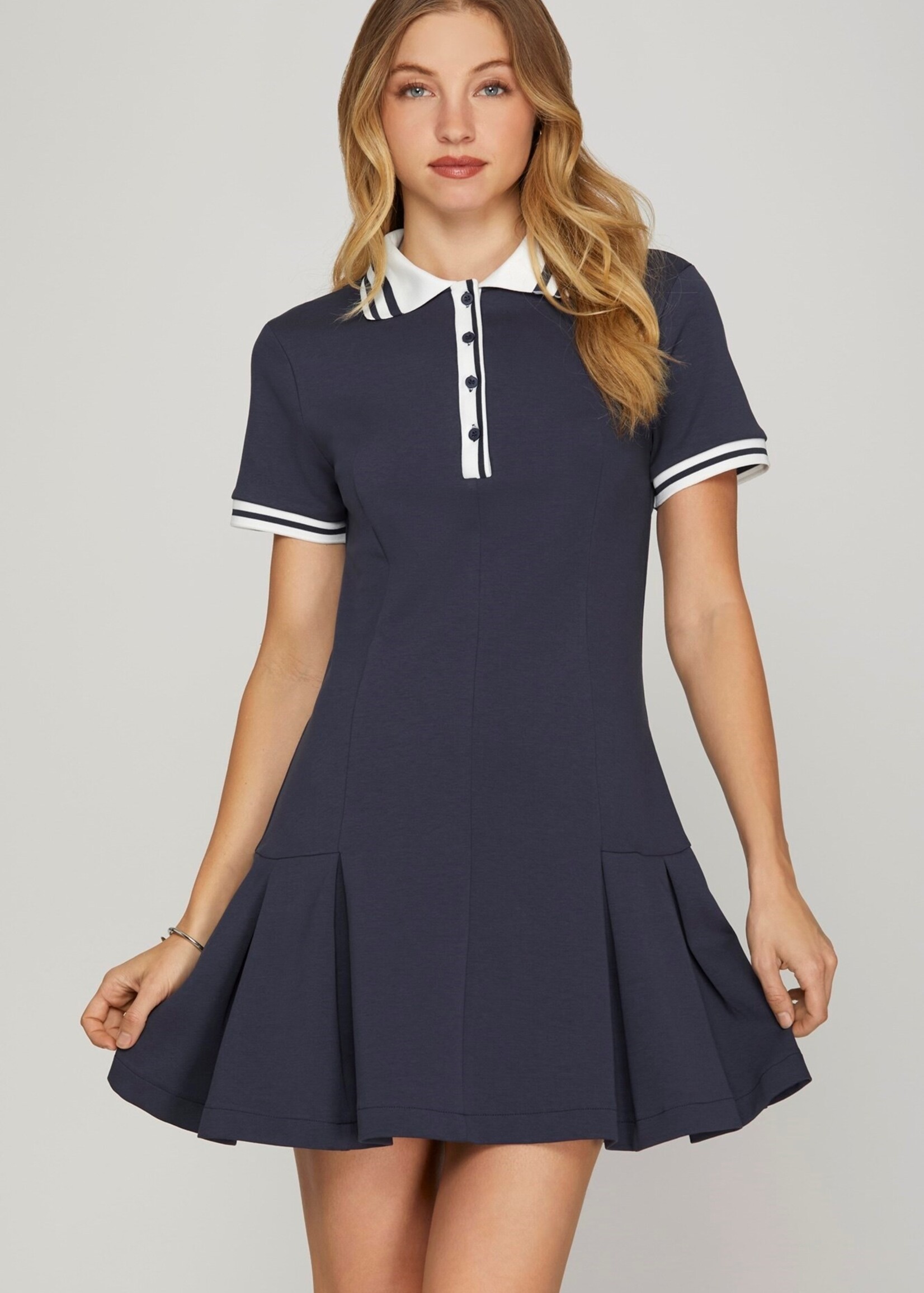 She + Sky Scuba Knit Contrast Polo Dress- Navy