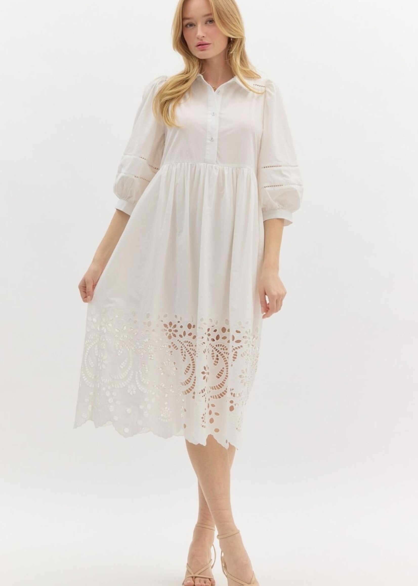 Entro Celeste White Embroidered Midi Dress