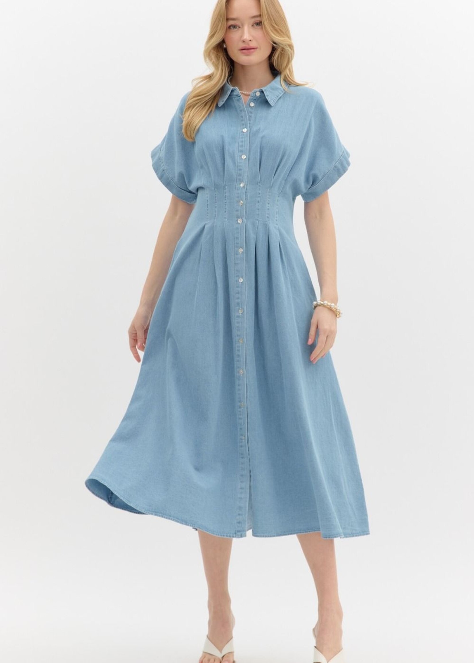 Entro Indigo Pleated Denim Midi Dress