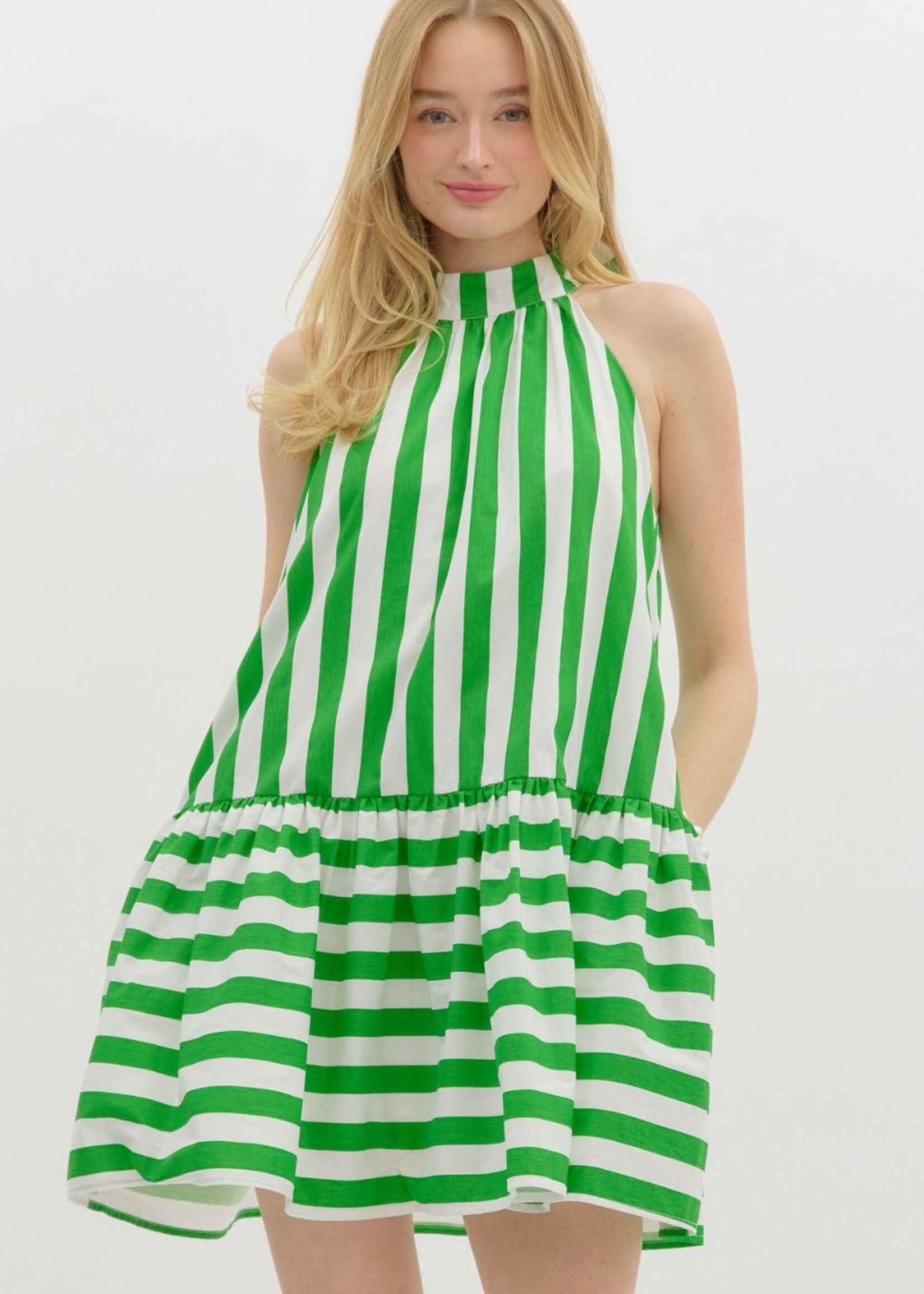 Entro Meadow Stripe Halter Green Mini Dress