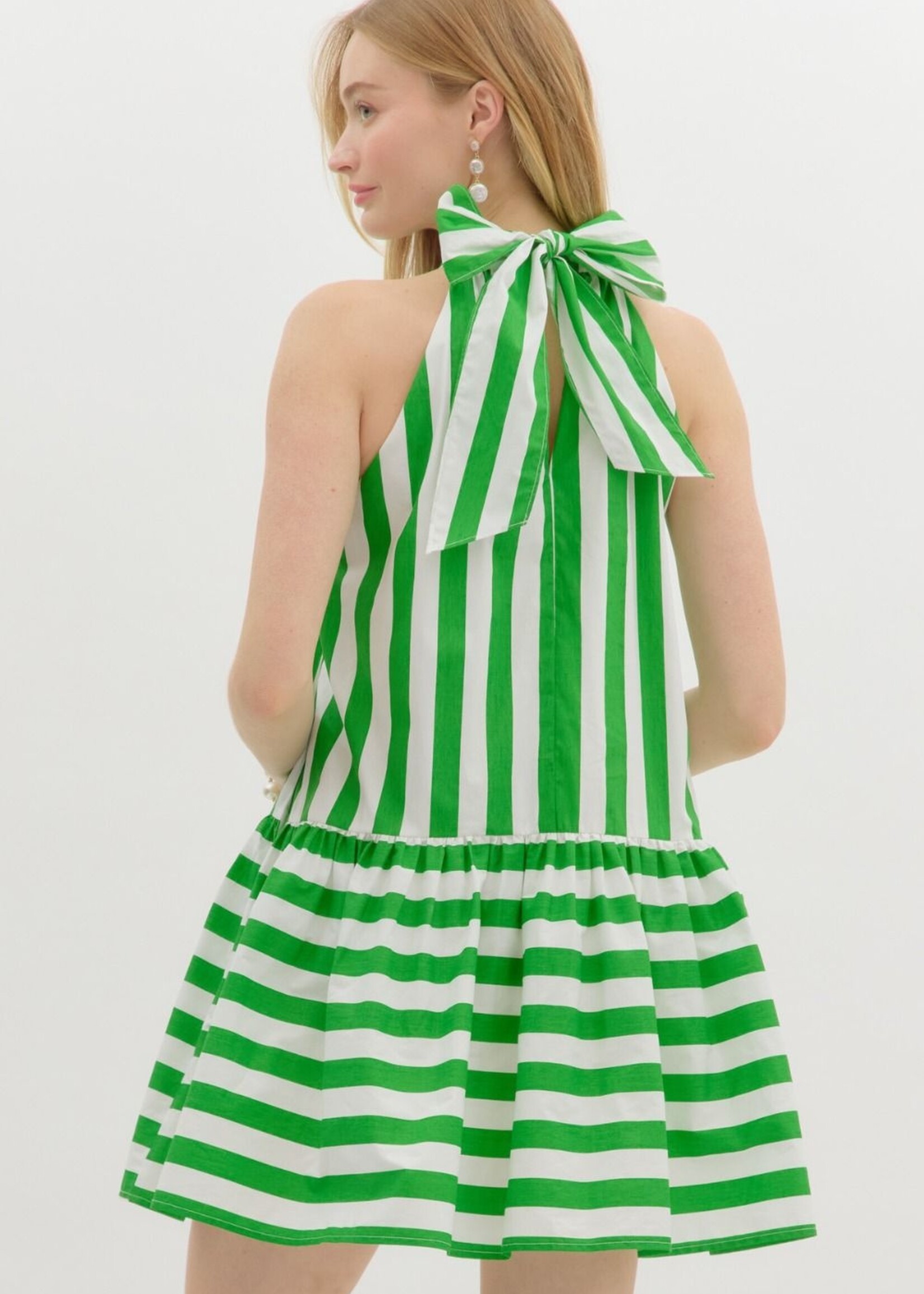Entro Meadow Stripe Halter Green Mini Dress
