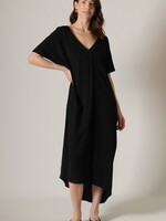 Before You Collection Linen Blend V Neck Midi Dress - Black