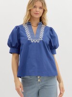 Entro Solid Embroidered Cuff Top - Indigo