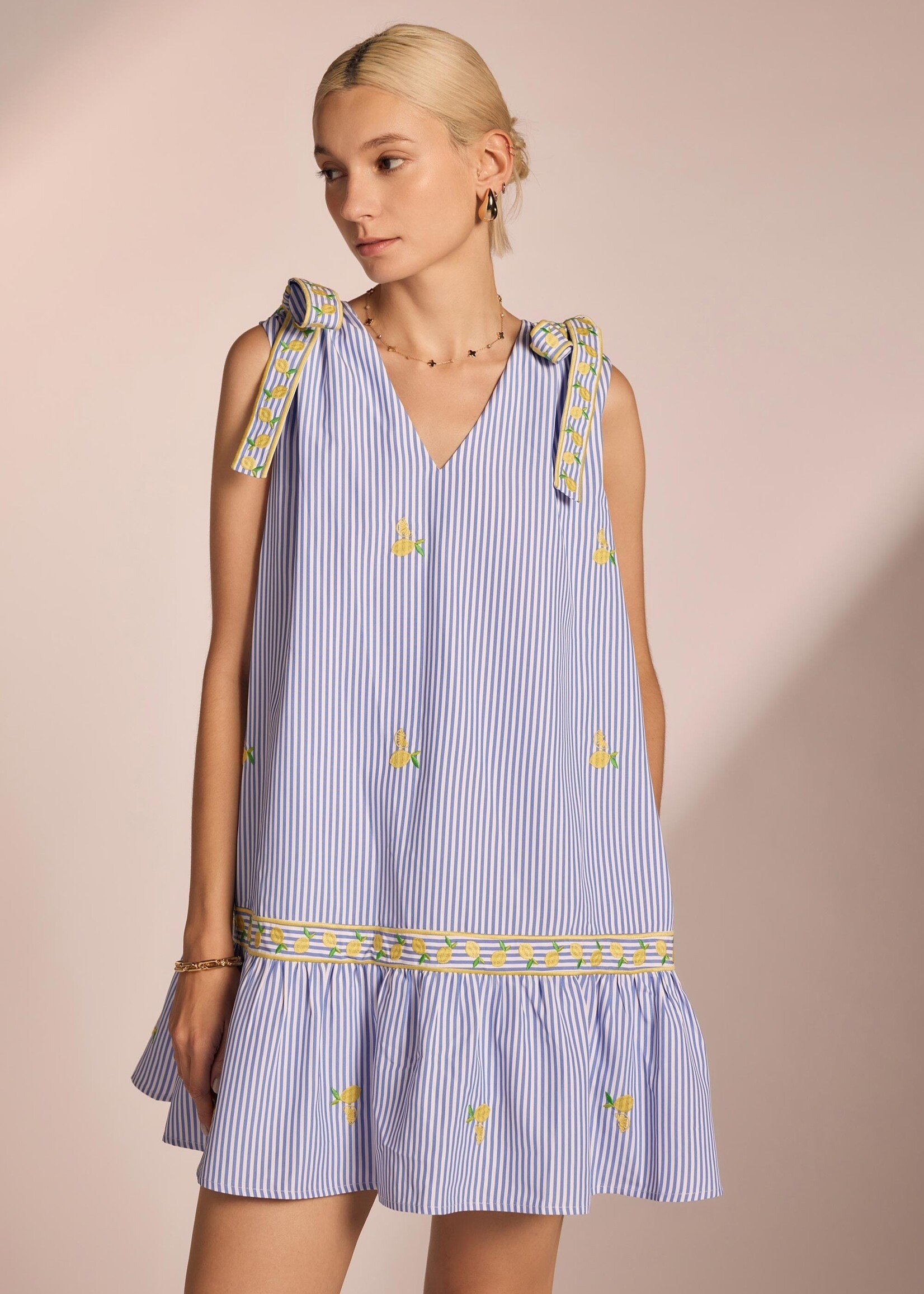 Strut & Bolt Maria Lemon Embroidered Stripe Mini Dress