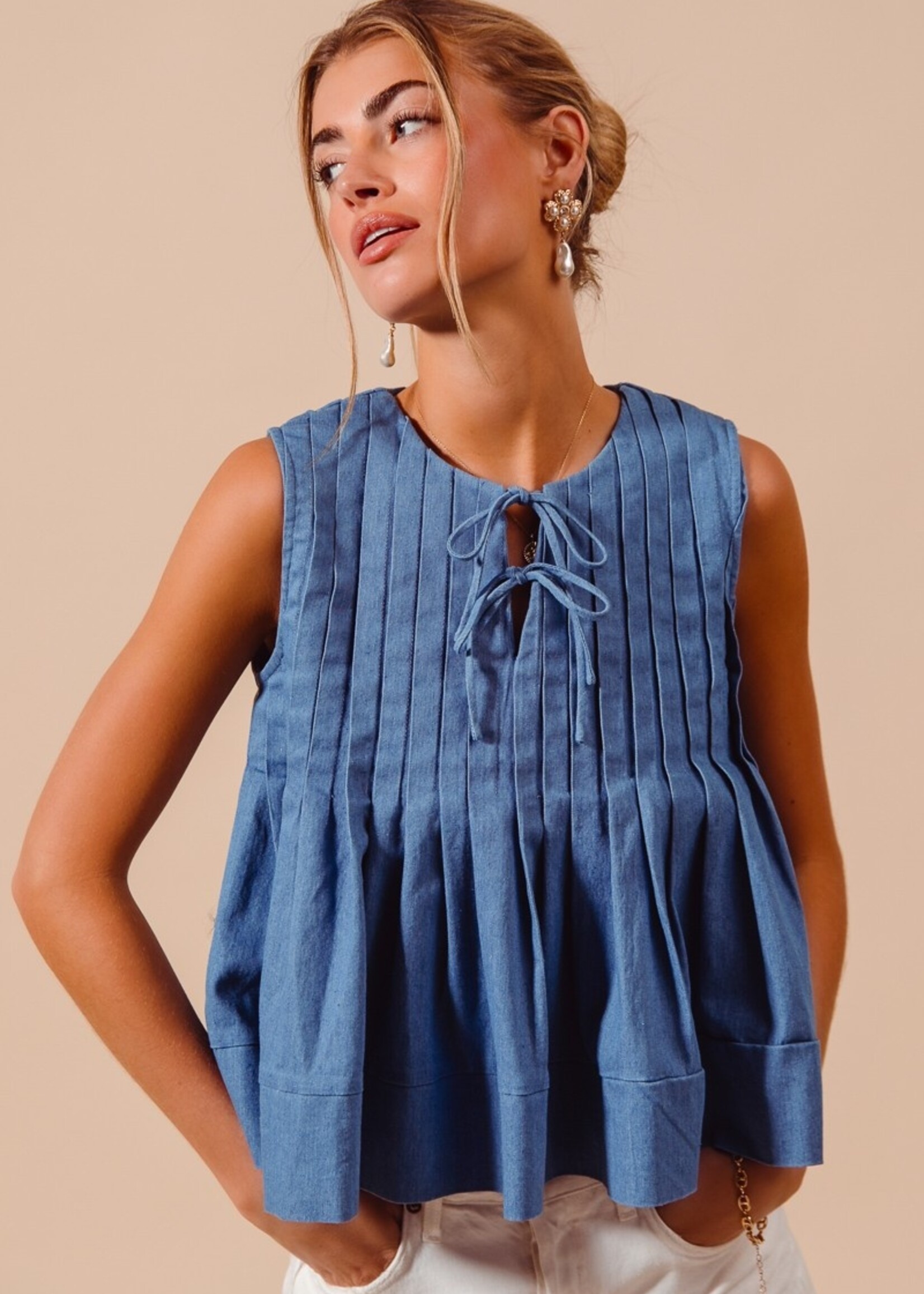 SO Me Tie Front Denim Blouse