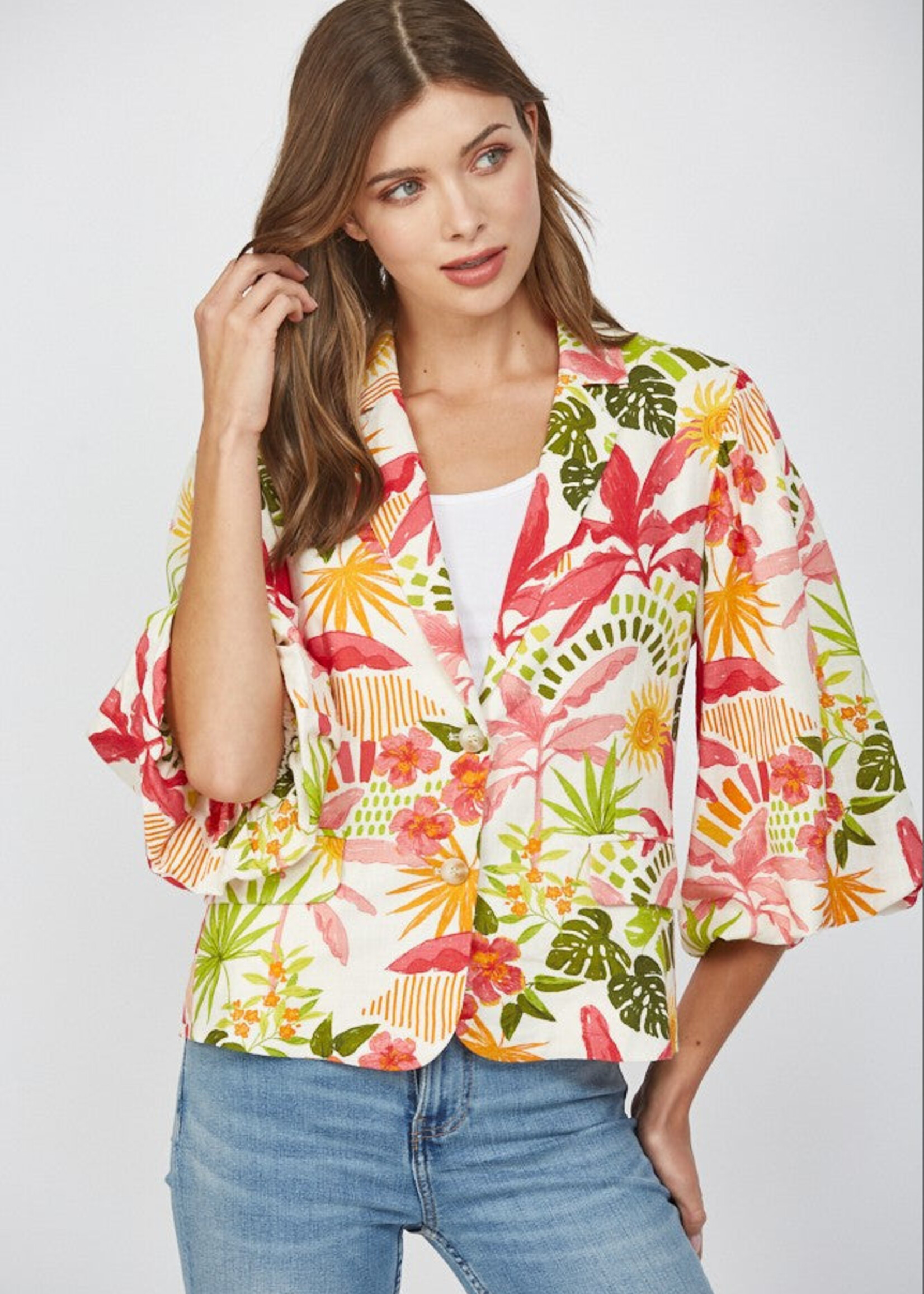 Fate Tropical Print Linen Blazer