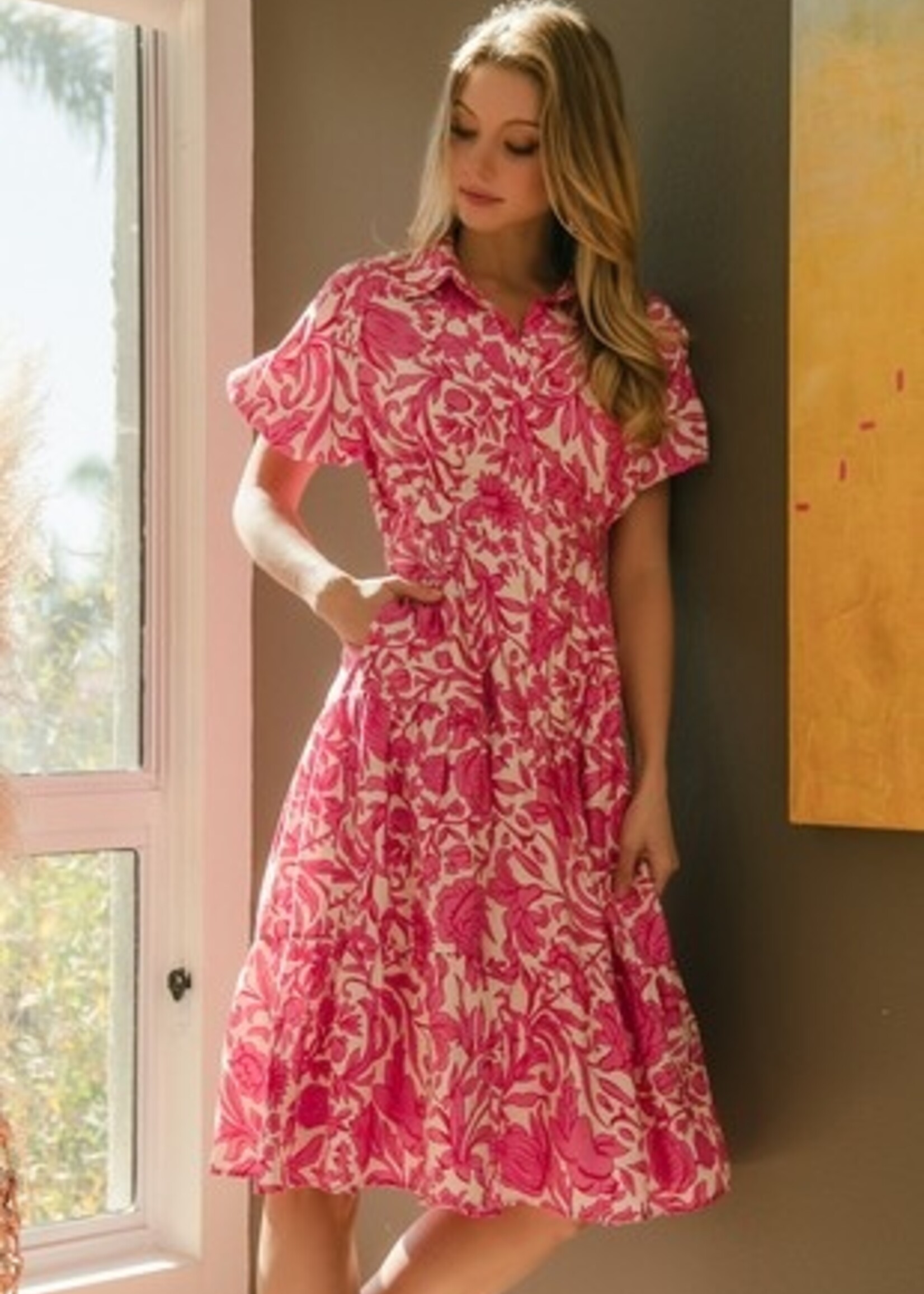 Floral Print Tucking Detail  Shirt Dress