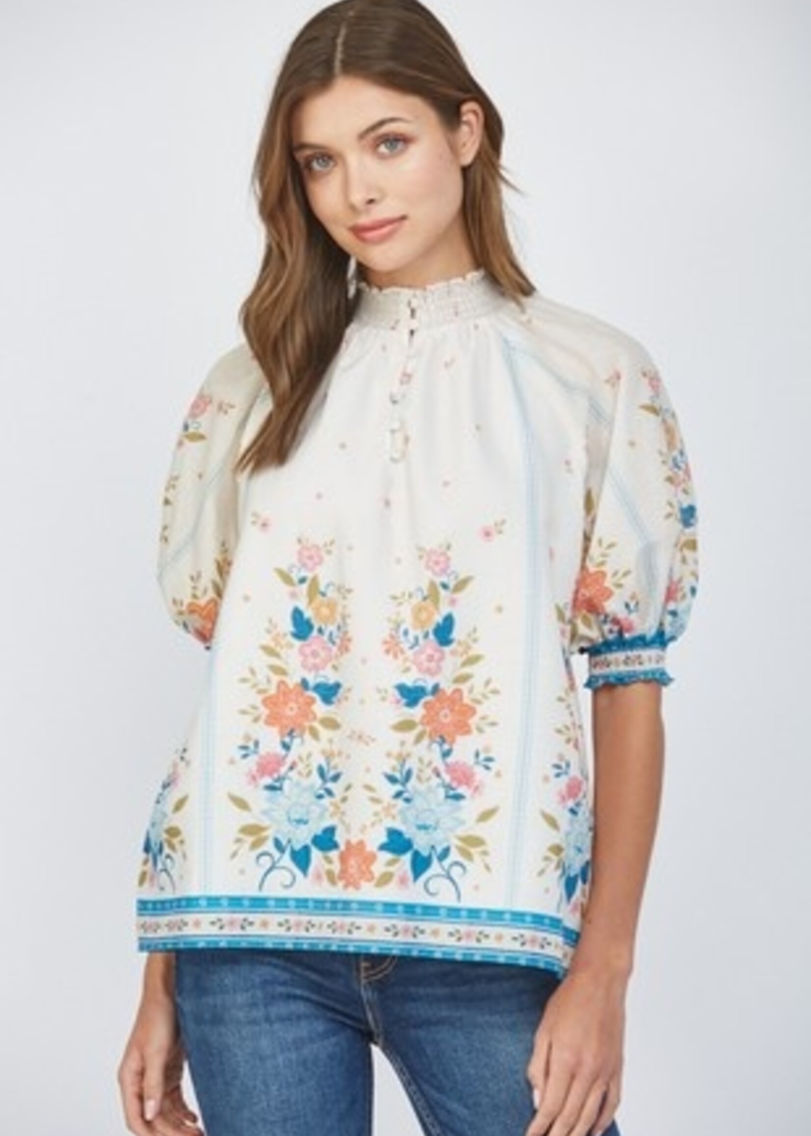 Fate Border Print Smock Neck Top