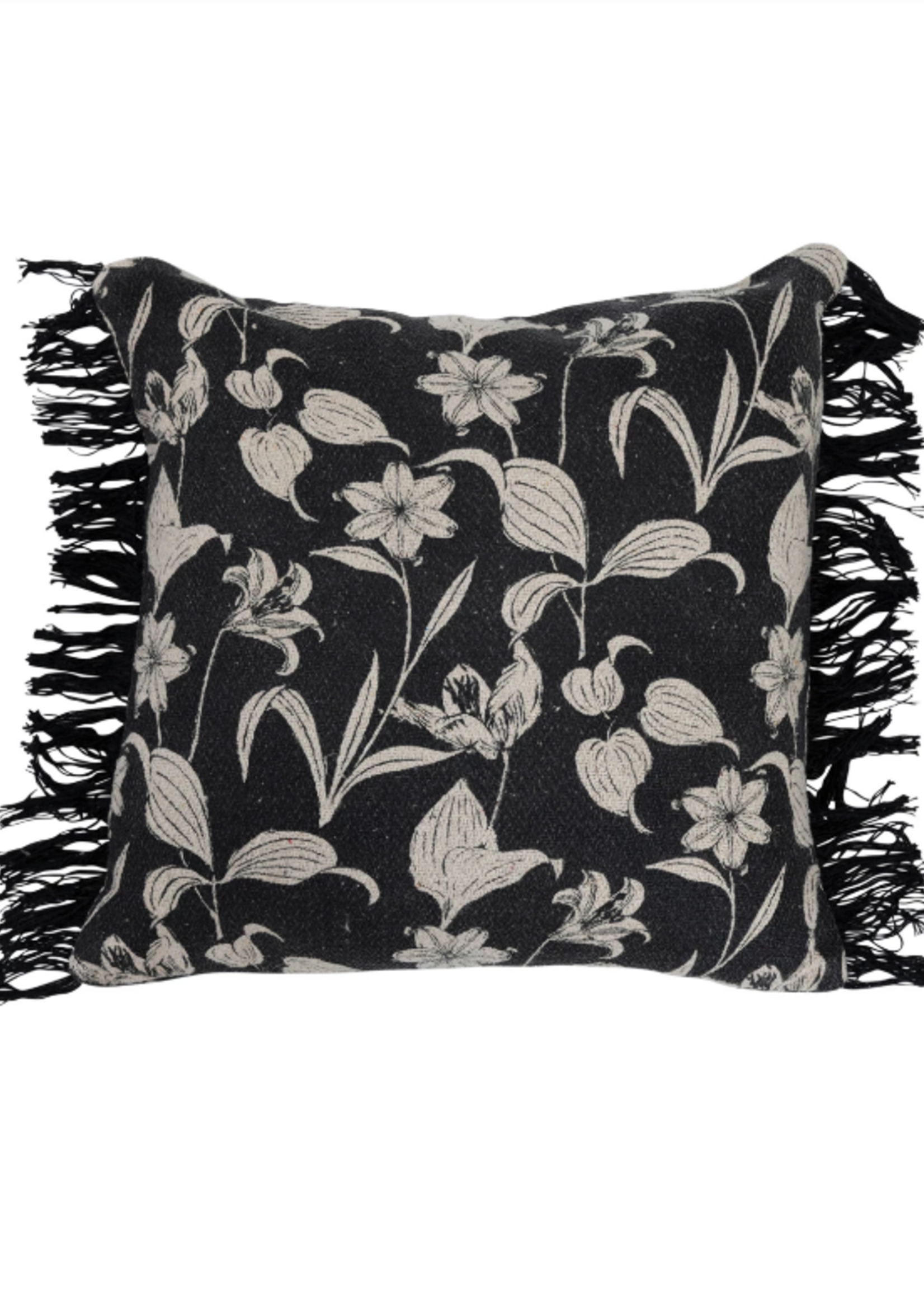 Black Floral Fringe Pillow - 20''