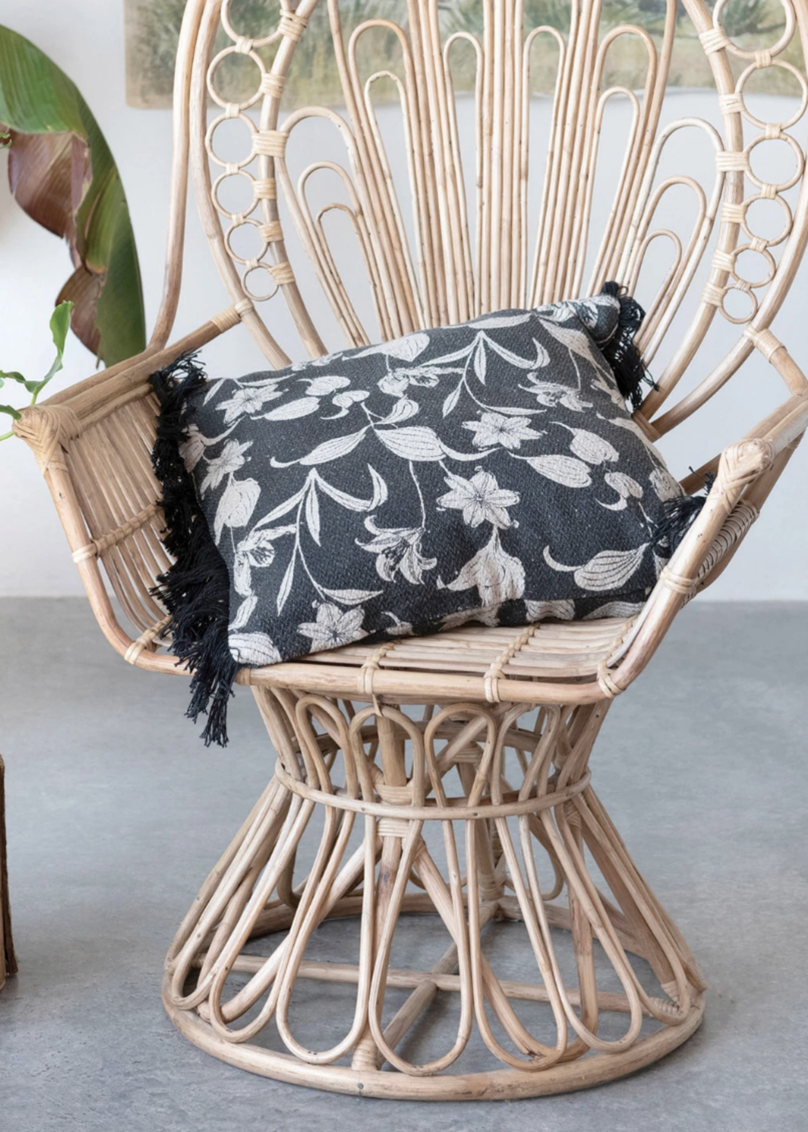 Black Floral Fringe Pillow - 20''