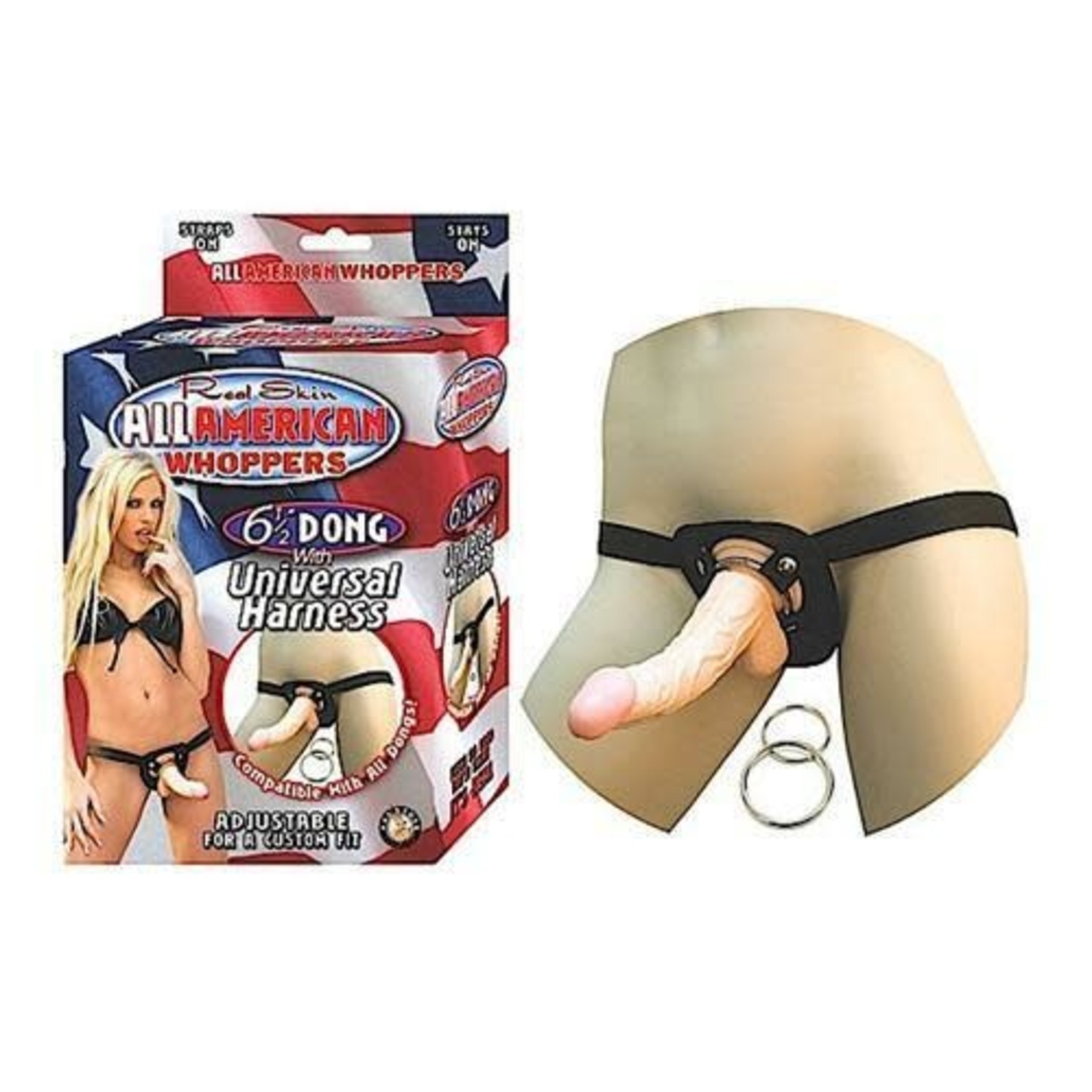 REAL SKIN 6 1/2" DILDO ALL AMERICAN WHOPPERS UNIVERSAL HARNESS