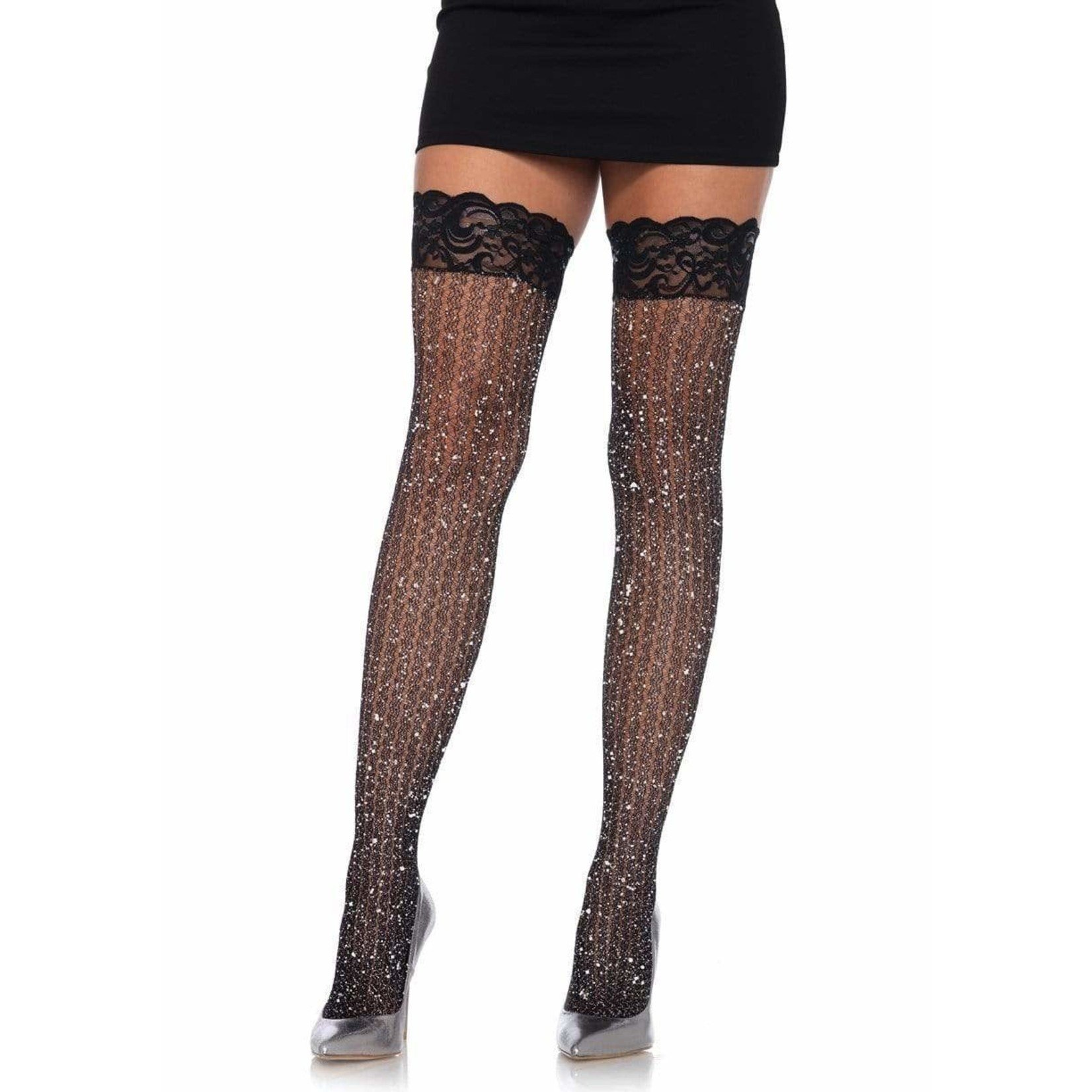 LEG AVENUE LEG AVENUE LACE TOP CABLE NET LUREX STAY UP OS