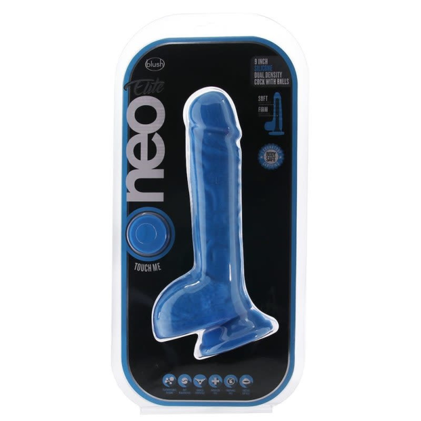 BLUSH BLUSH - NEO ELITE - 9 INCH SILICONE DUAL DENSITY COCK WITH BALLS - NEON BLUE