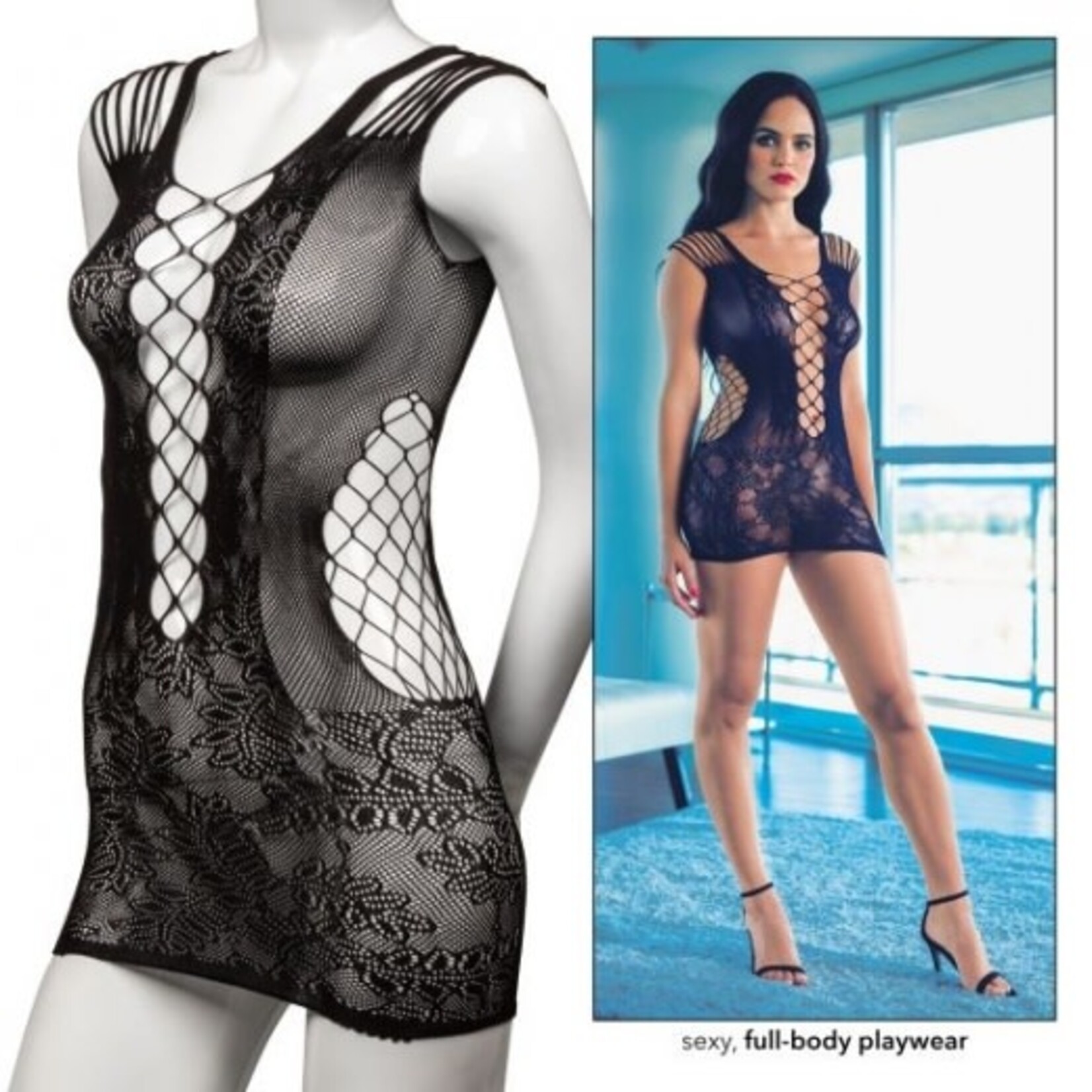 CALEXOTICS SCANDAL PEEK-A-BOO BLACK MINI DRESS OS