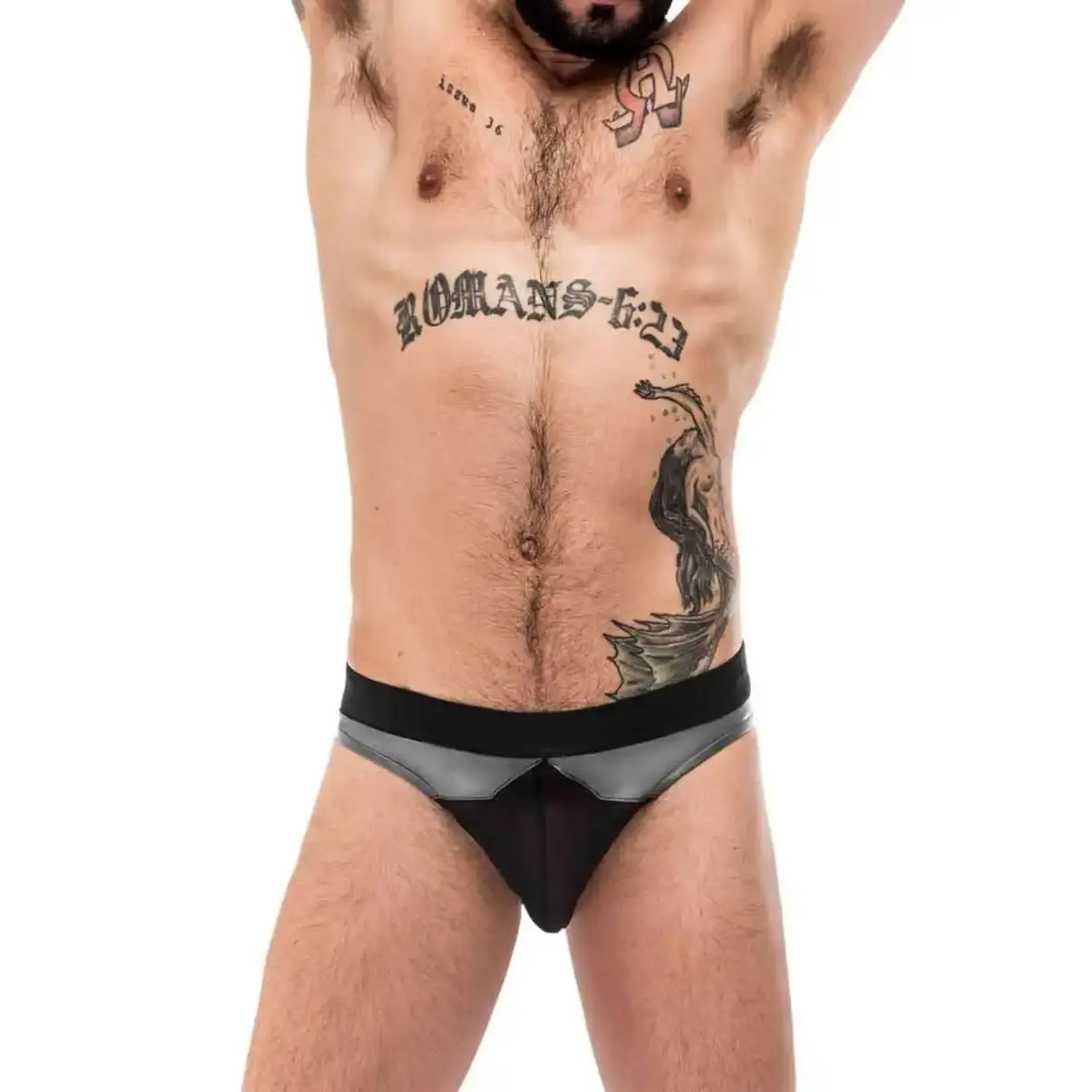 MALE POWER MALE POWER -  IRON CLAD THONG GREY-BLACK S/M