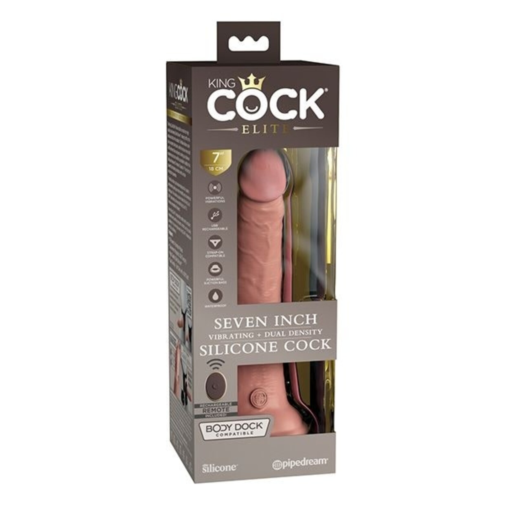 KING COCK KING COCK ELITE 7" DUAL DENSITY VIBRATING SILICONE COCK WITH REMOTE - LIGHT