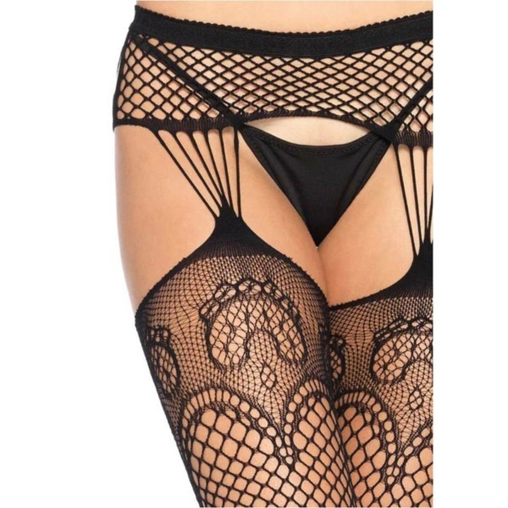 LEG AVENUE LEG AVENUE INDUSTRIAL NET STOCKINGS WITH DUCHESS LACE TOP - BLACK - ONE SIZE