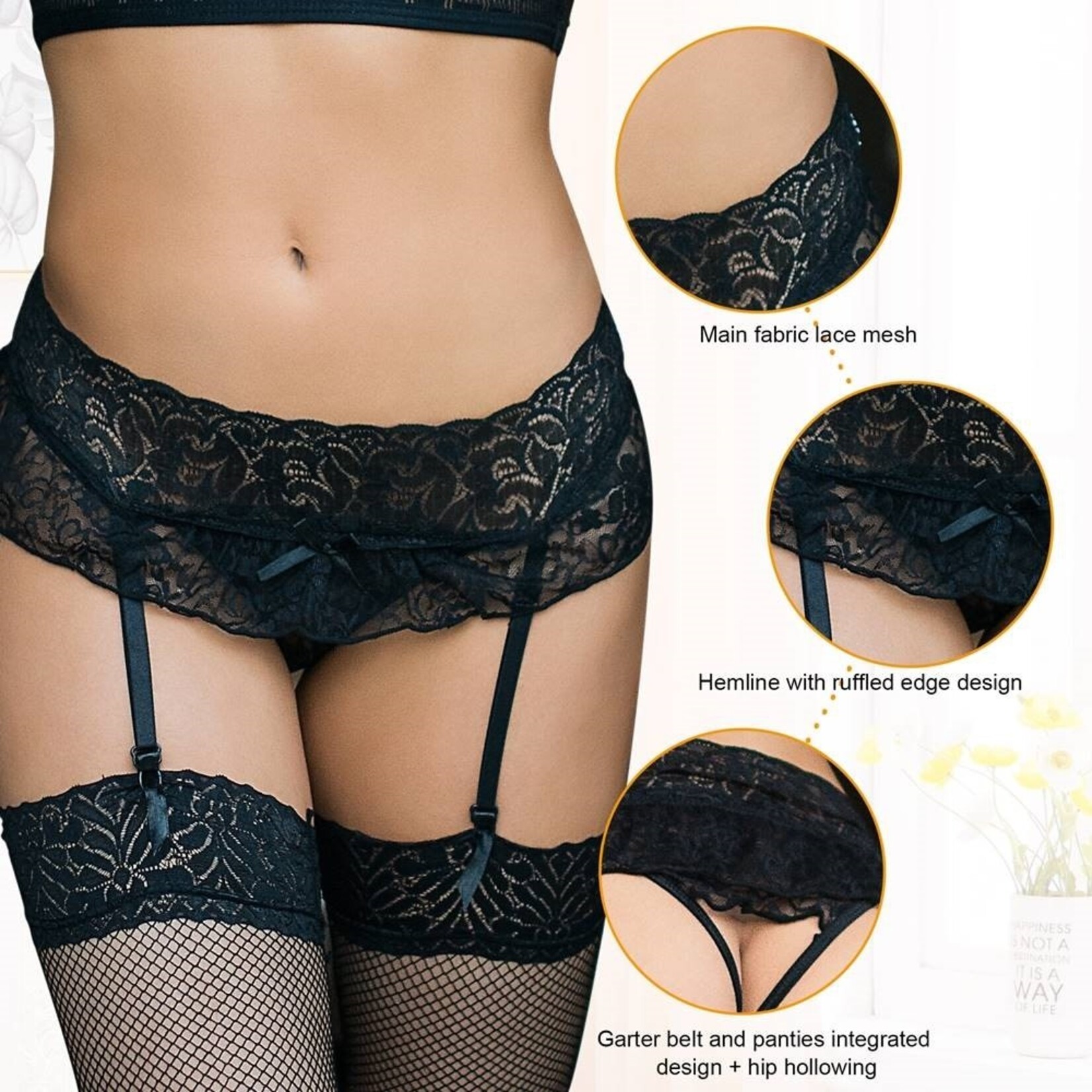 OH YEAH! -  BLACK SEXY LACE GARTER PANTY XS-S