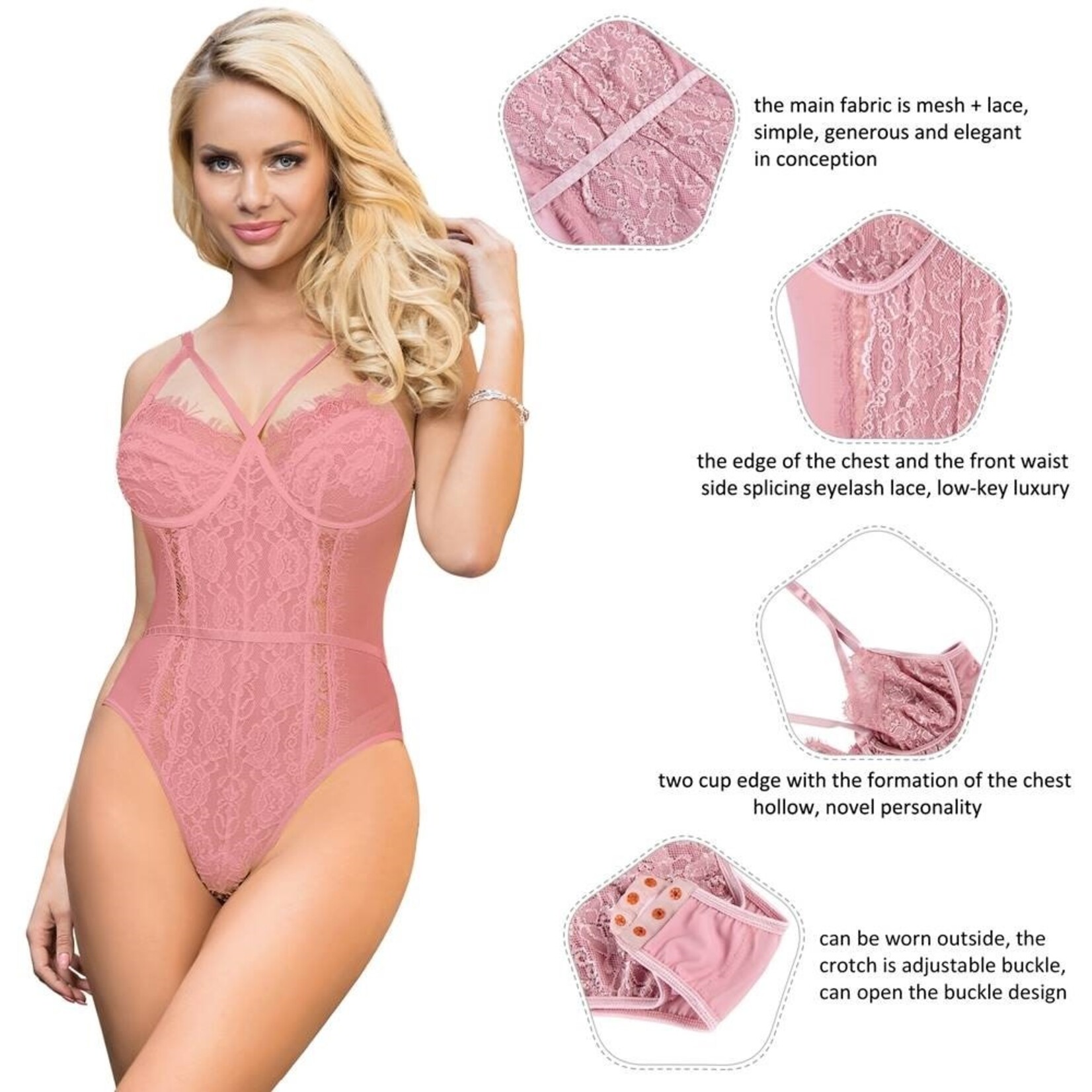 OH YEAH! -  PLUS SIZE BODYSUIT WITHOUT UNDERWIRE PINK LACE OPENABLE CROTCH LINGERIE XL-2XL