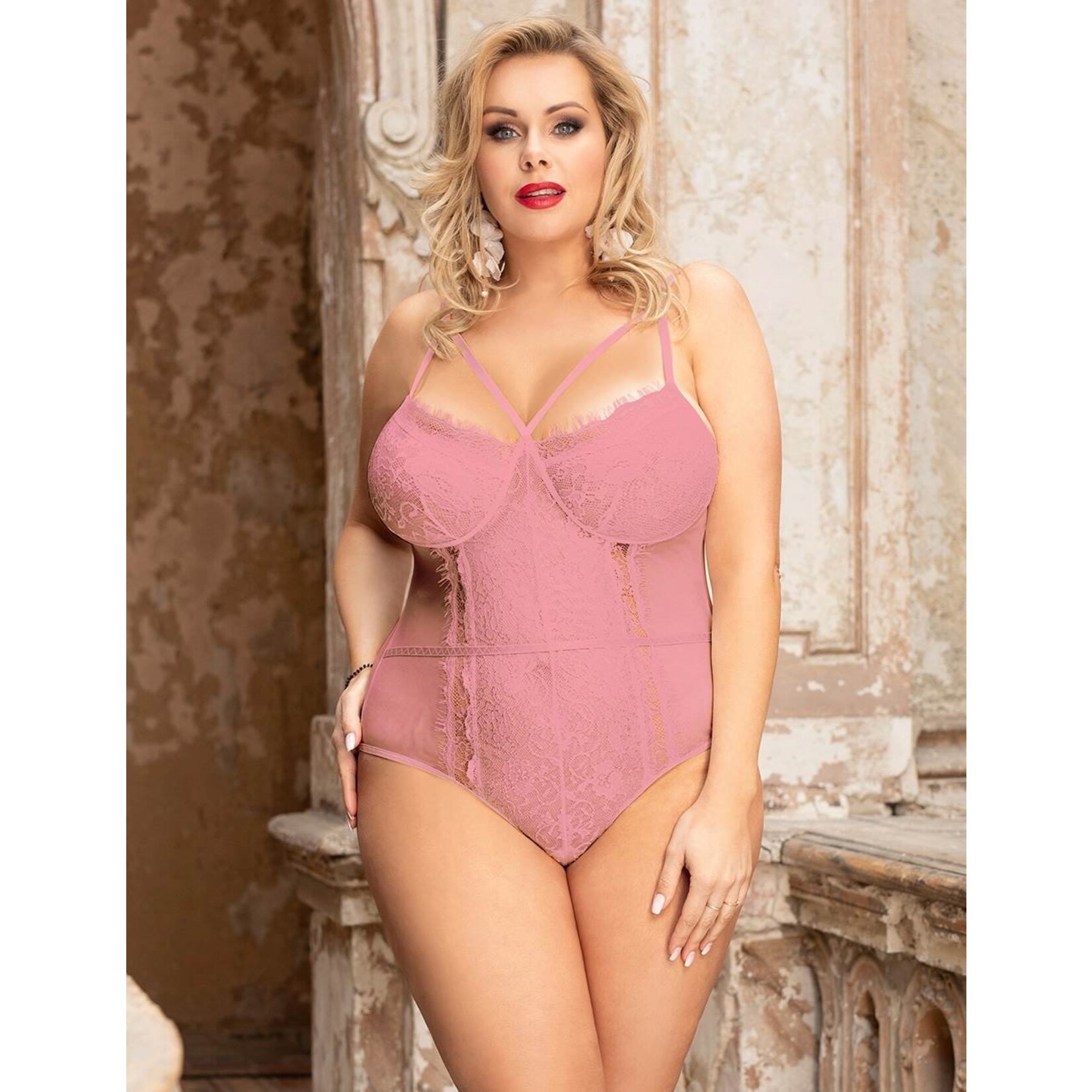 OH YEAH! -  PLUS SIZE BODYSUIT WITHOUT UNDERWIRE PINK LACE OPENABLE CROTCH LINGERIE XL-2XL