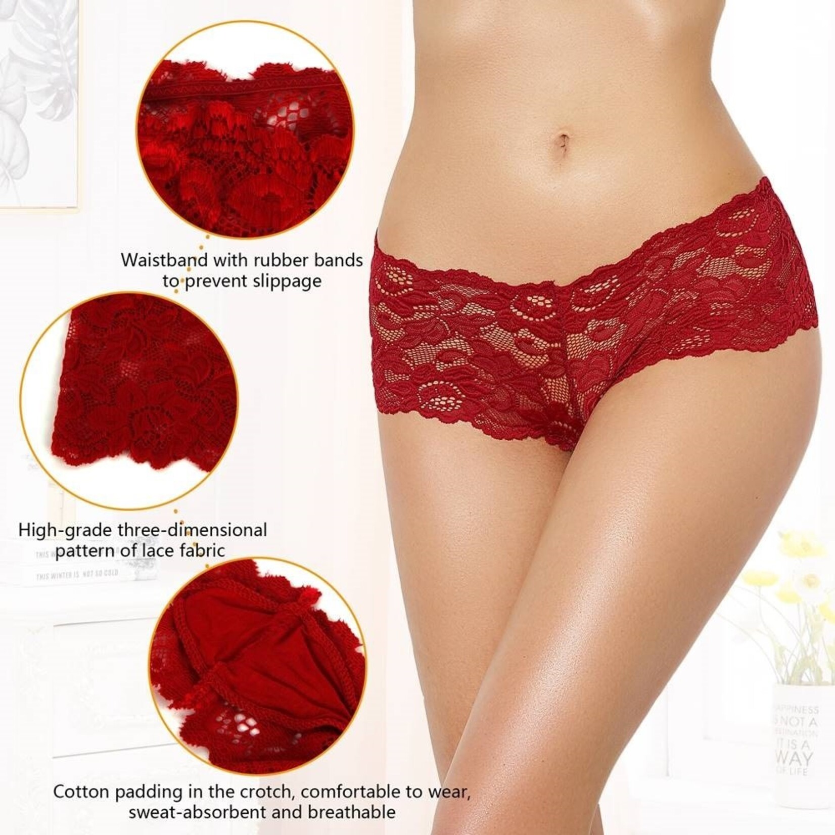 OH YEAH! -  BURGUNDY SEXY FLORAL LACE PANTY 4XL