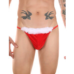 OH YEAH! -  RED SEXY VELVET WHITE FEATHER CHRISTMAS MEN THONG UNDERWEAR RED XS-M