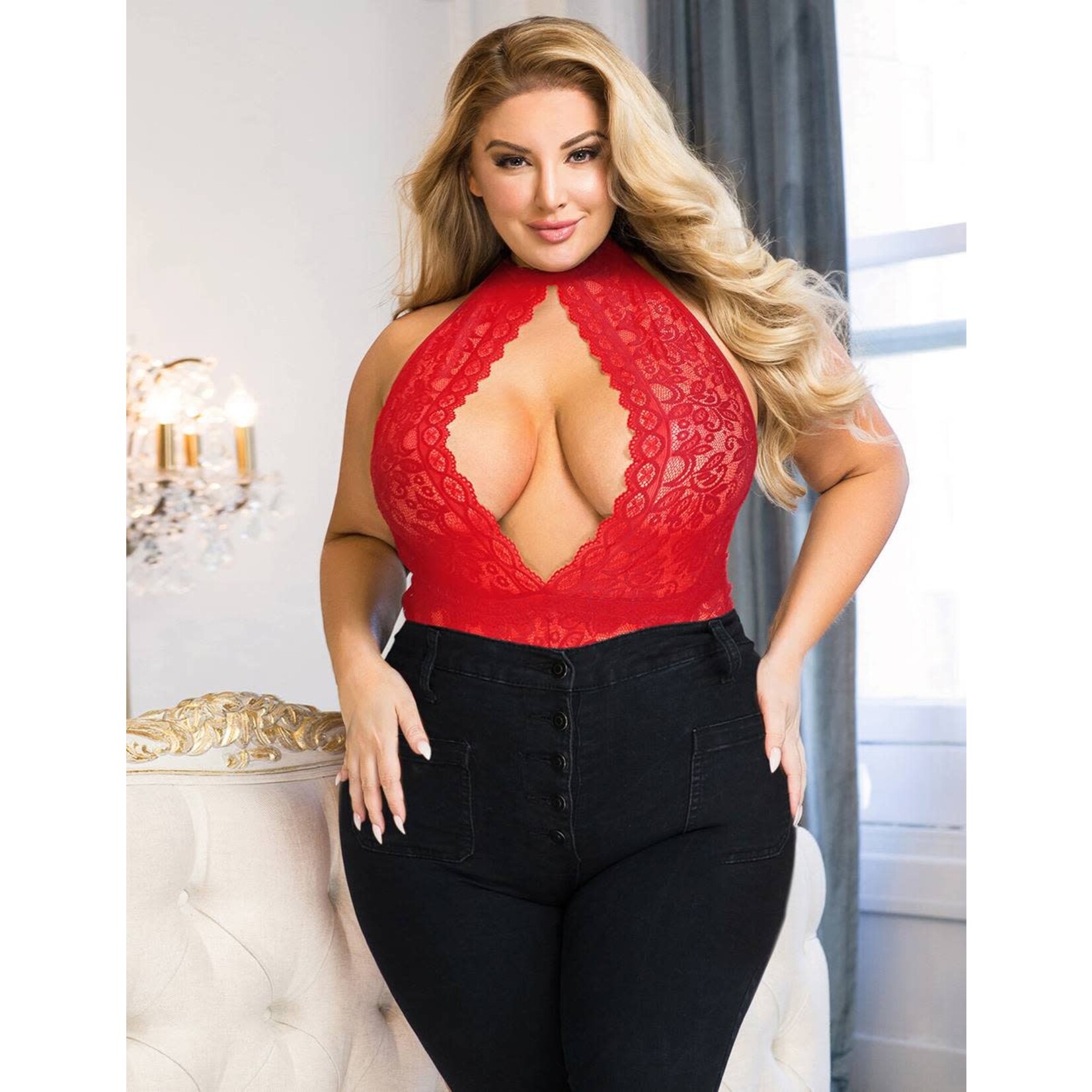 OH YEAH! -  RED EXQUISITE LACE OPEN CUP TEDDY AS SHOWN XL-2XL