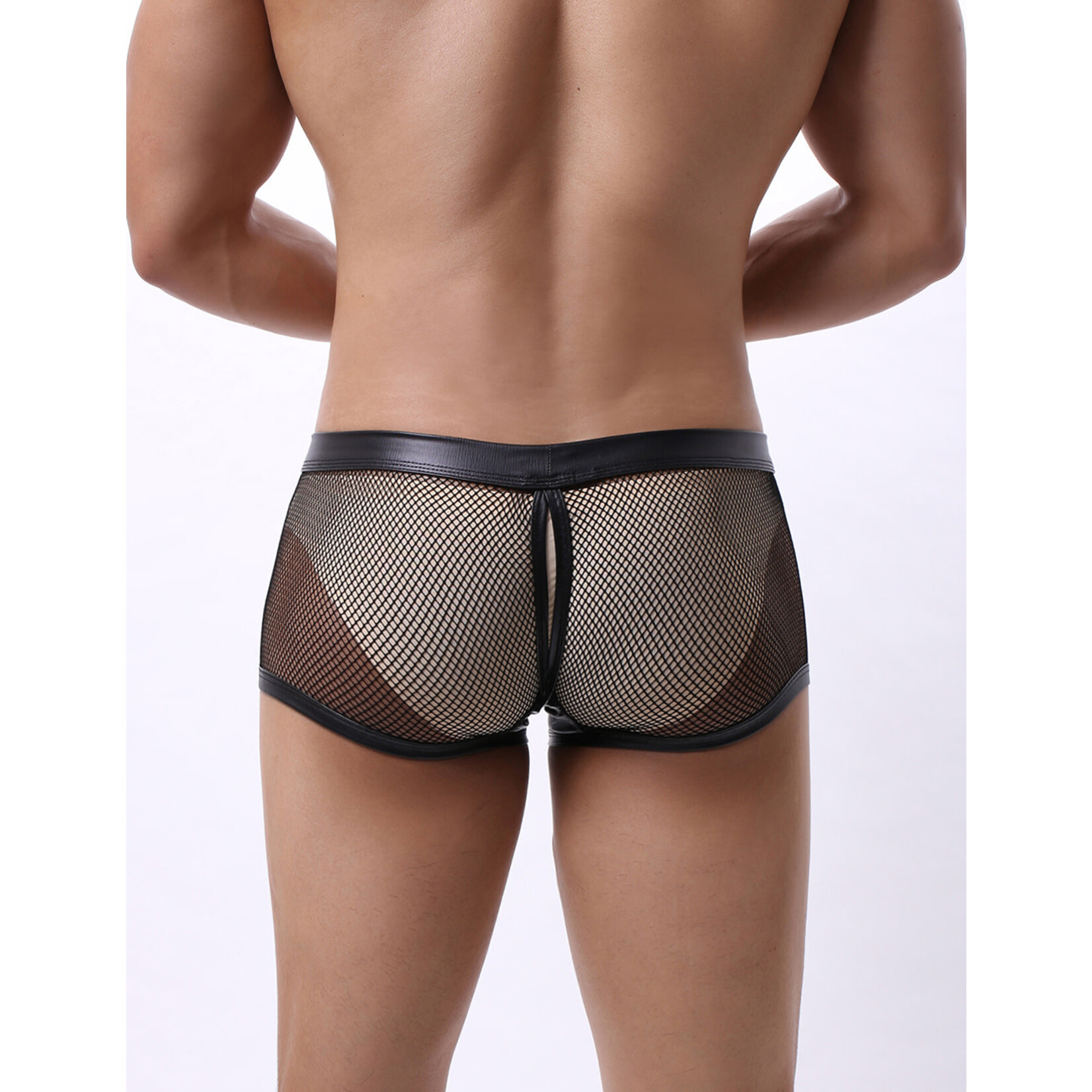 OH YEAH! -  BLACK SEXY MESH OPENABLE CROTCH IMITATION LEATHER MEN'S BOXER UNDERWEAR BLACK MEDIUM