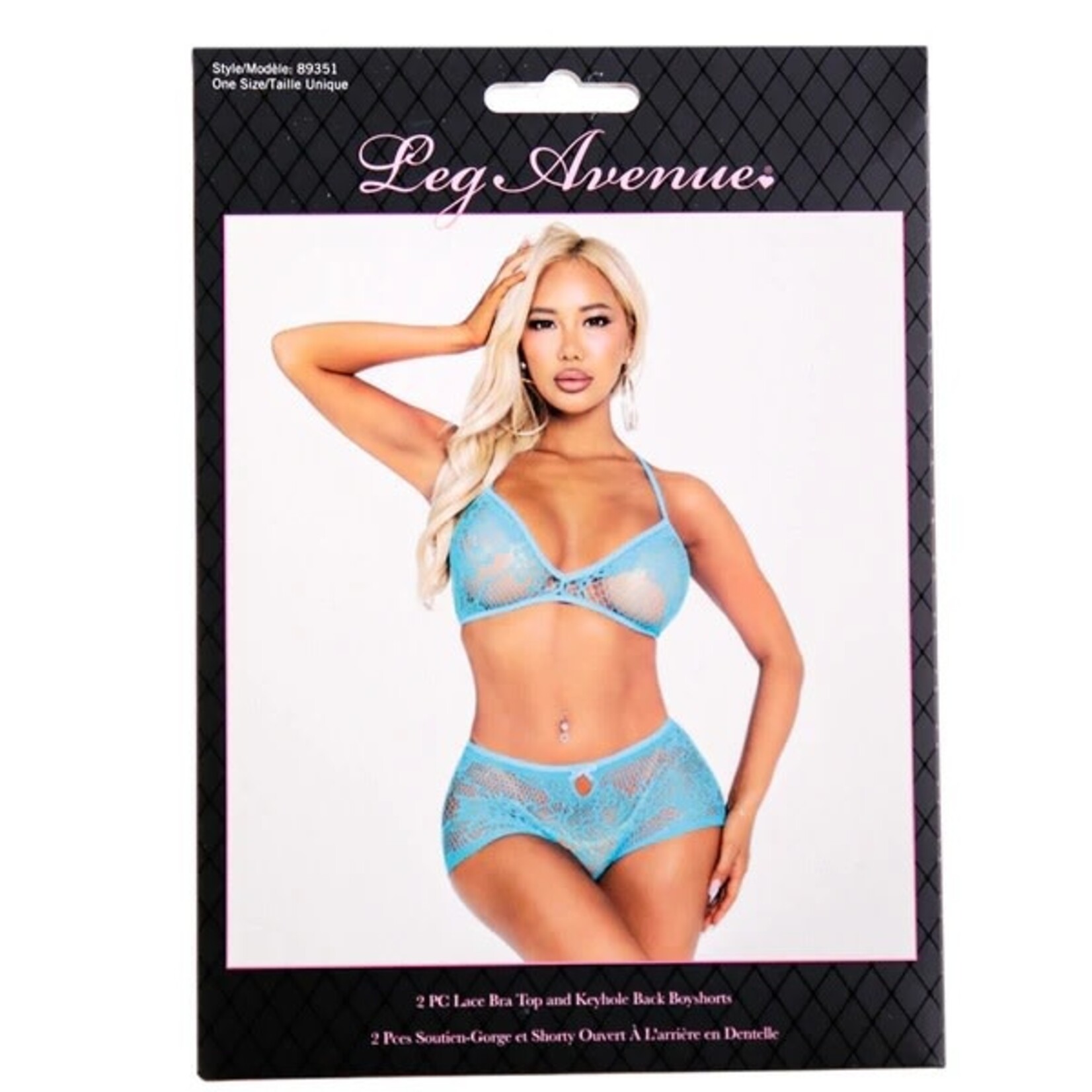 LEG AVENUE LEG AVENUE 2 PIECE STRAPPY LACE BRA TOP & KEYHOLE BACK BOYSHORTS - TURQUOISE