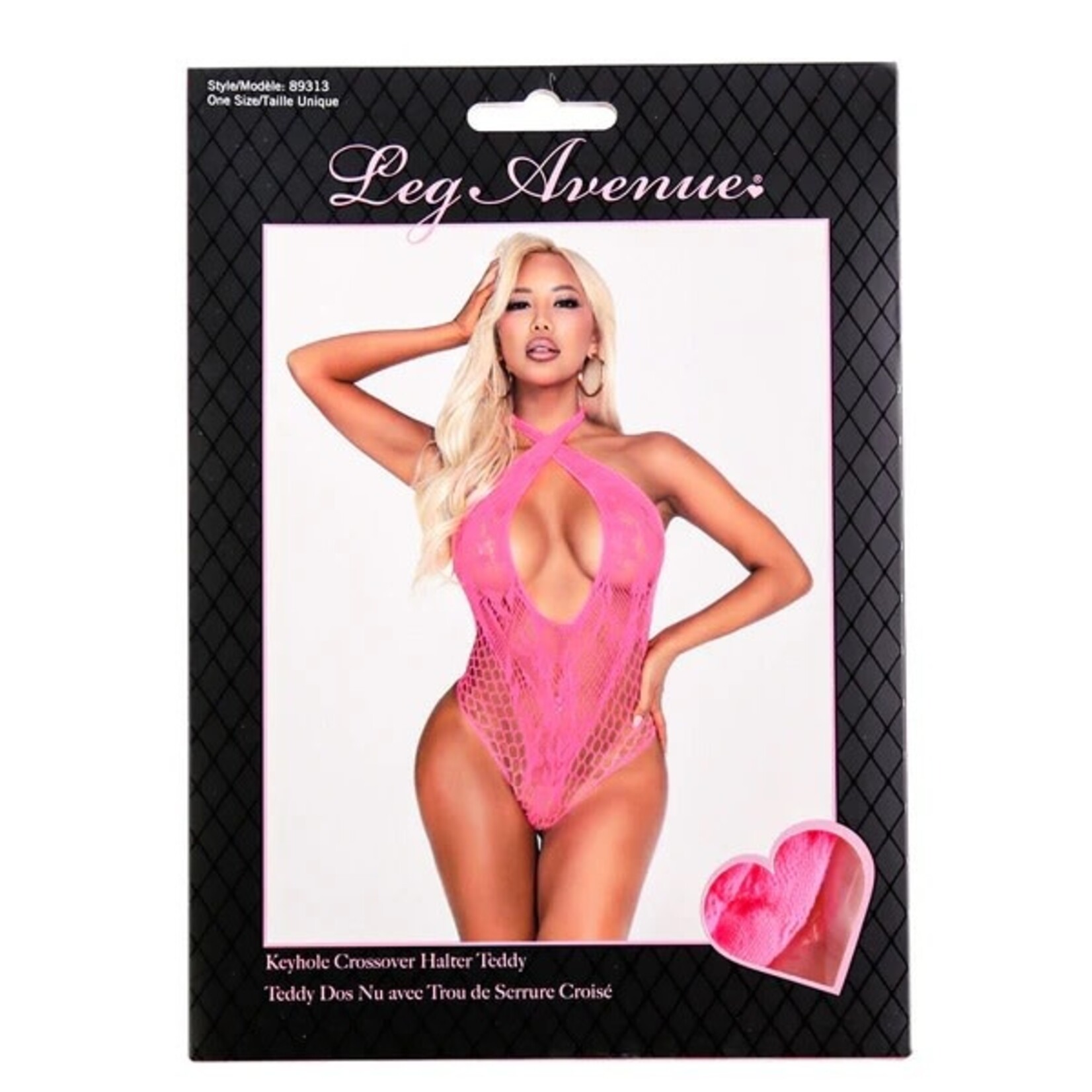 LEG AVENUE LEG AVENUE KEYHOLE CROSSOVER HALTER TEDDY - PINK - ONE SIZE FITS MOST