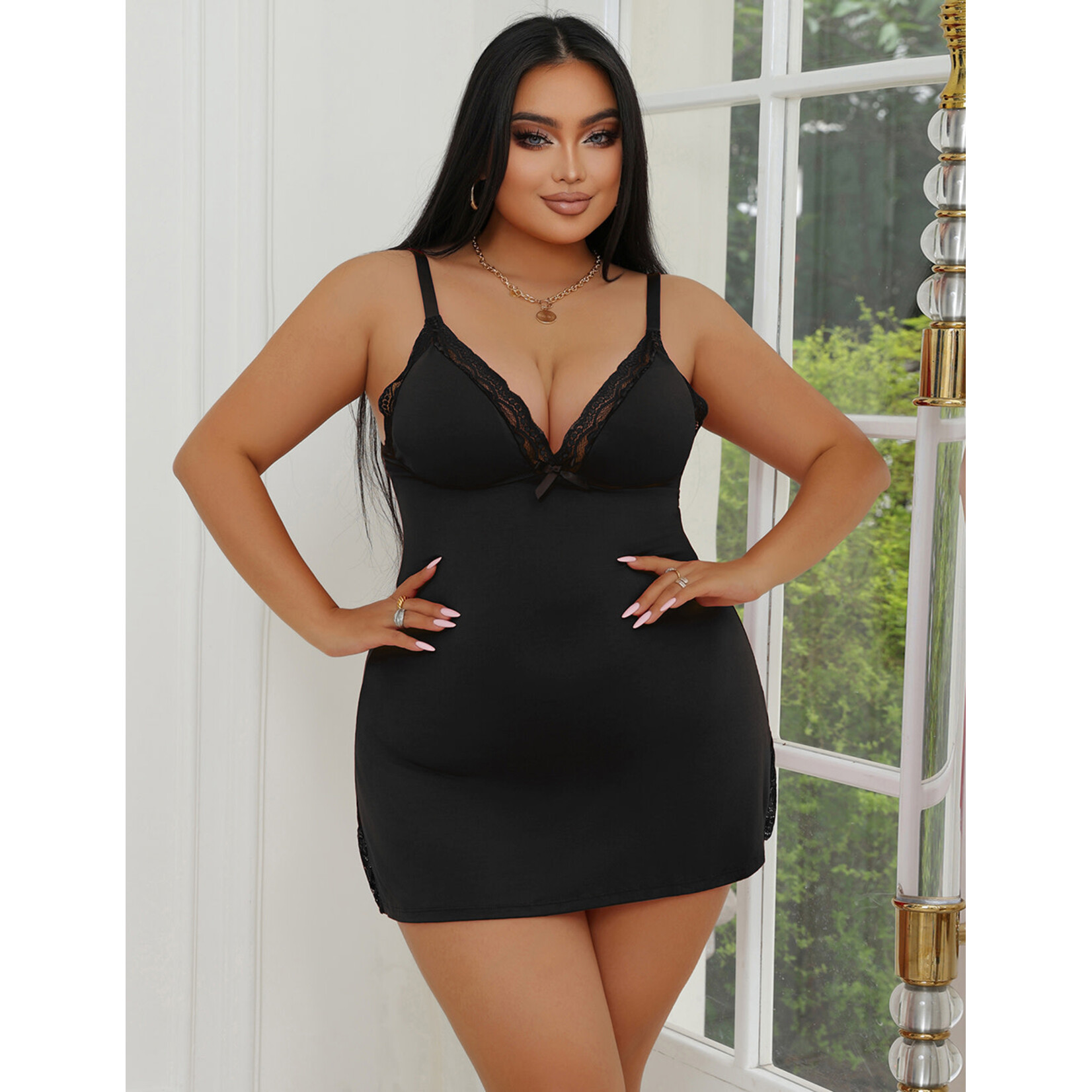 OH YEAH! -  BLACK SEXY MODAL LACE BOW SUSPENDER NIGHTDRESS X-LARGE BLACK