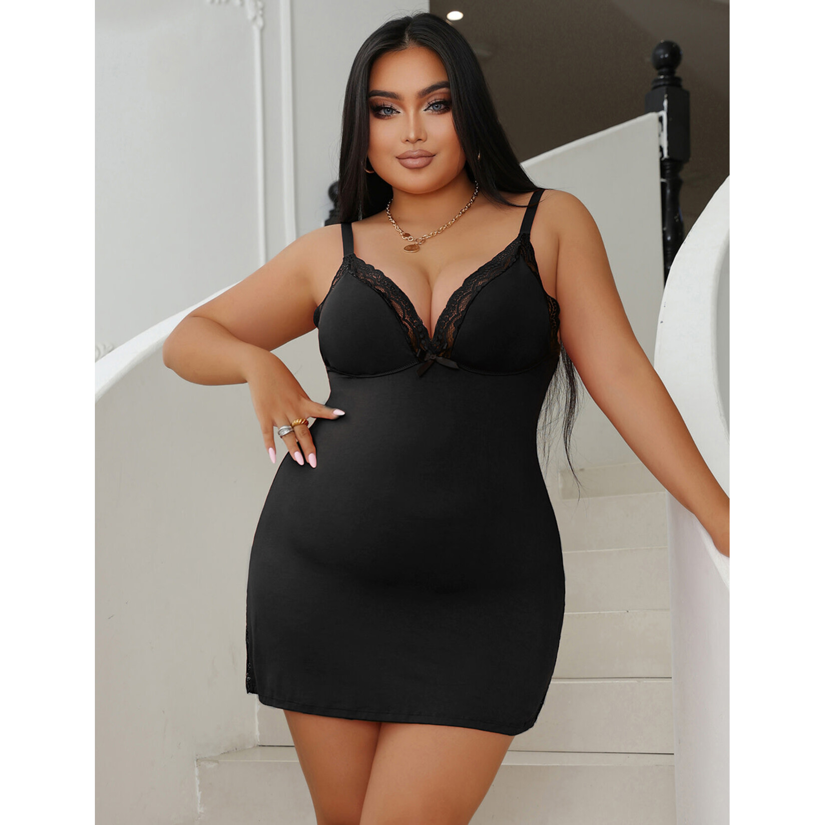 OH YEAH! -  BLACK SEXY MODAL LACE BOW SUSPENDER NIGHTDRESS X-LARGE BLACK