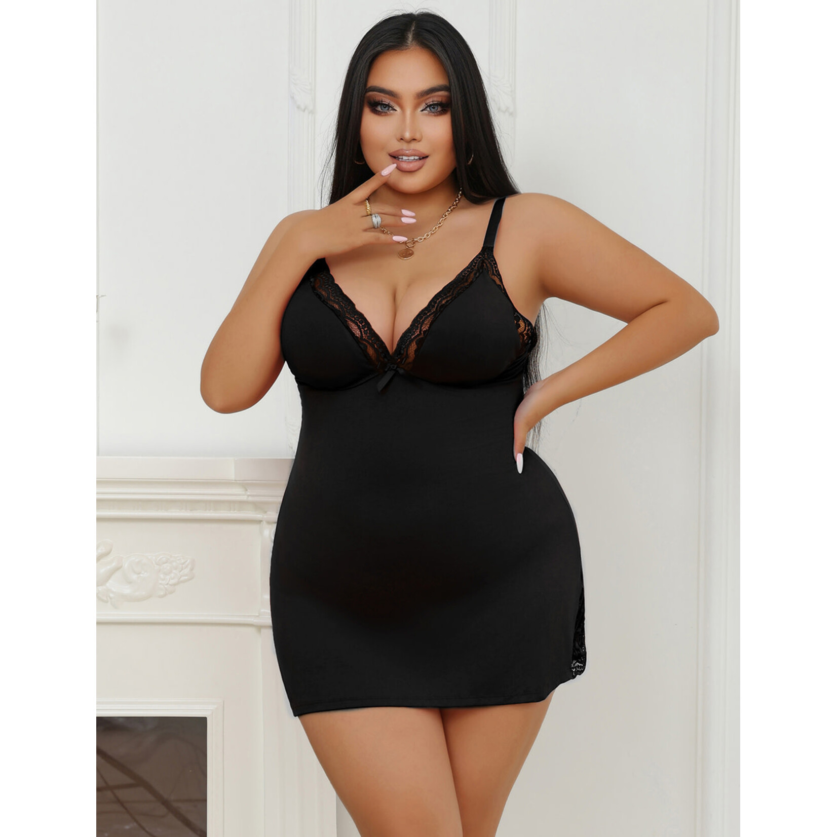 OH YEAH! -  BLACK SEXY MODAL LACE BOW SUSPENDER NIGHTDRESS 2XL BLACK