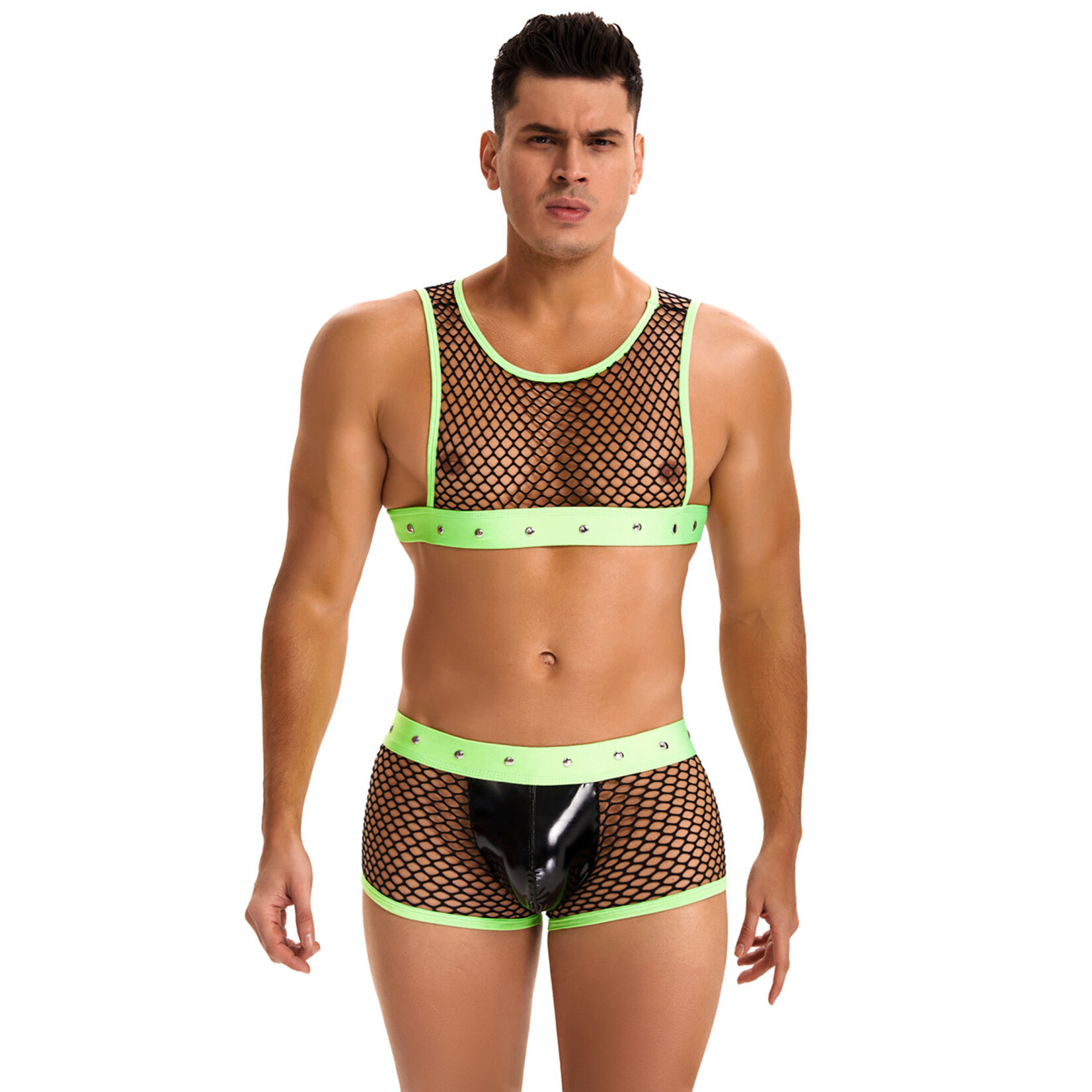 OH YEAH! -  GREEN MEN SEXY FISHNET SEE THROUGH LINGERIE SET LARGE GREEN