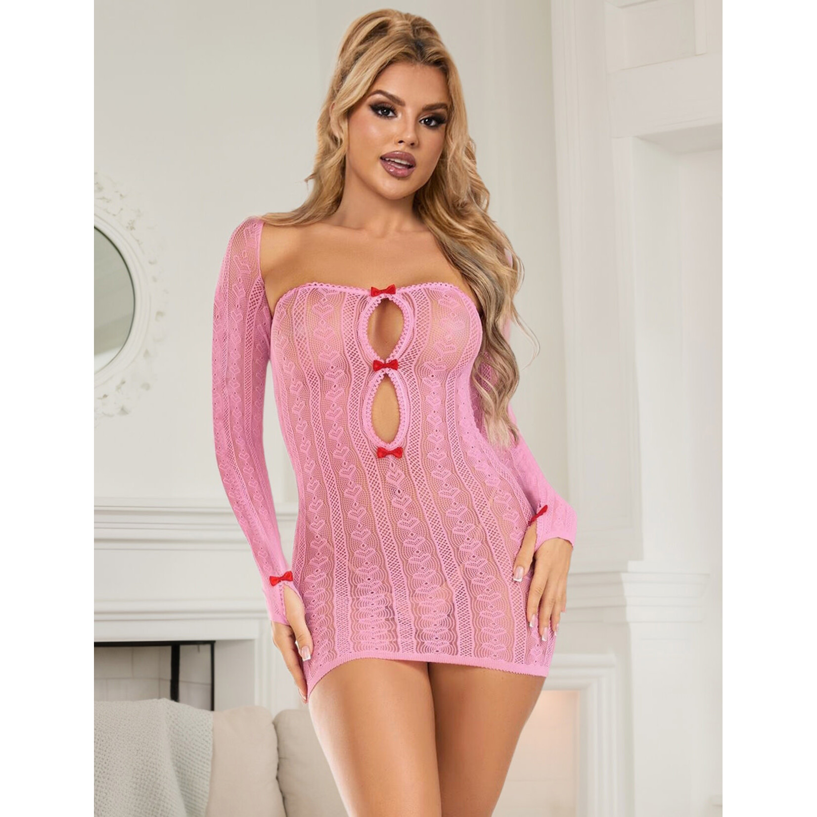 OH YEAH! -  PINK SEXY LONG SLEEVES HOLLOW OUT BOW BODYSTOCKING L-2XL PINK