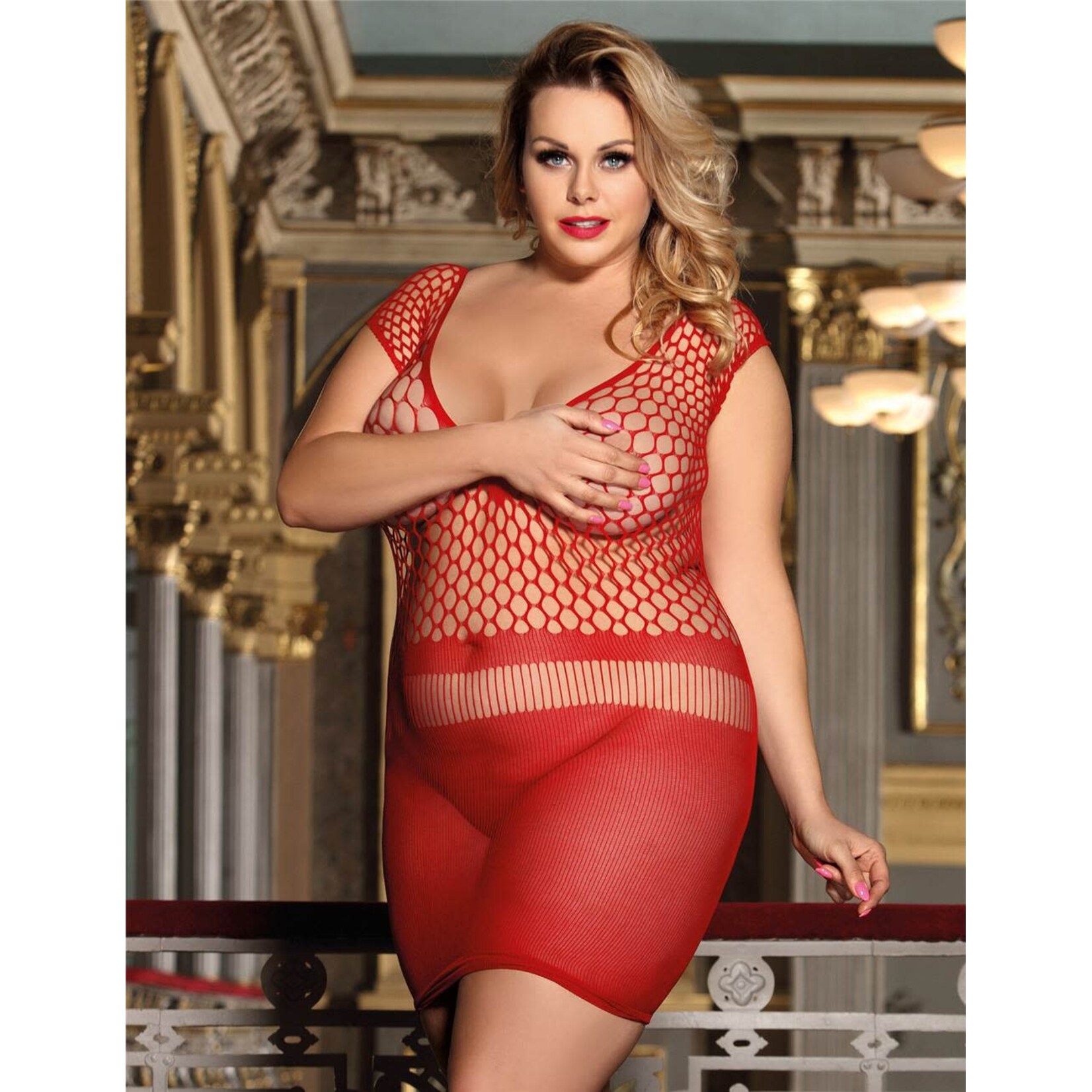 OH YEAH! -  PLUS SIZE CROTCHET MESH HOLLOW-OUT MINI CHEMISE DRESS L-2XL AS SHOWN