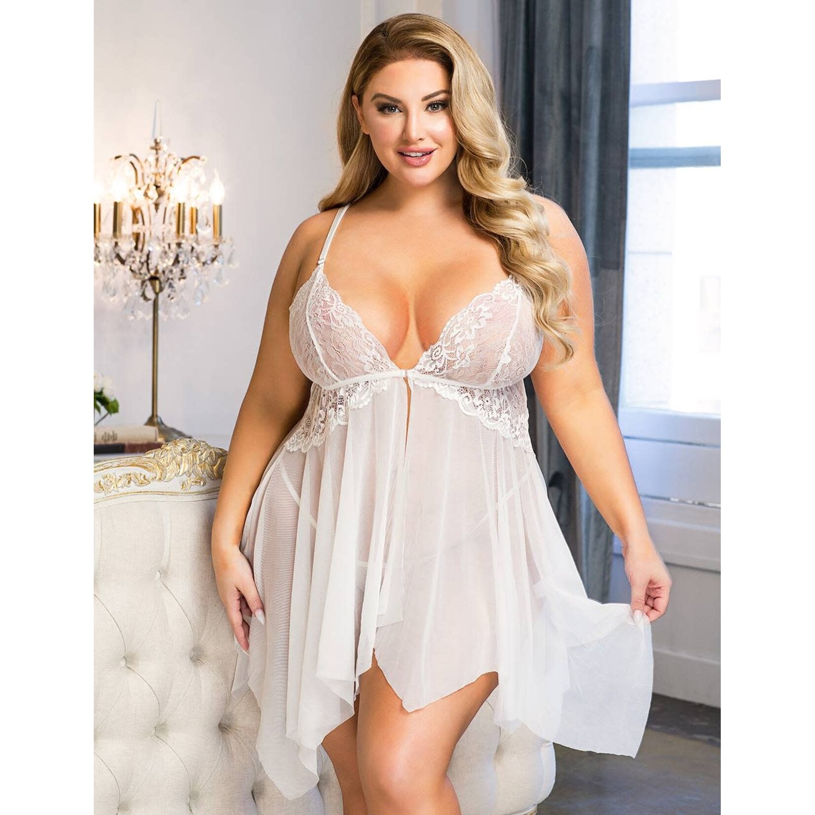 OH YEAH! -  PLUS SIZE WHITE LACE STITCHING IRREGULAR SKIRT PERSPECTIVE BABYDOLL XL-2XL AS SHOWN
