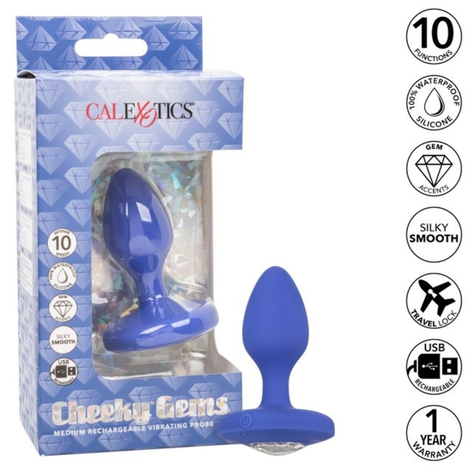 CHEEKY GEMS MEDIUM RECHARGEABLE VIBRATING PROBE - BLUE