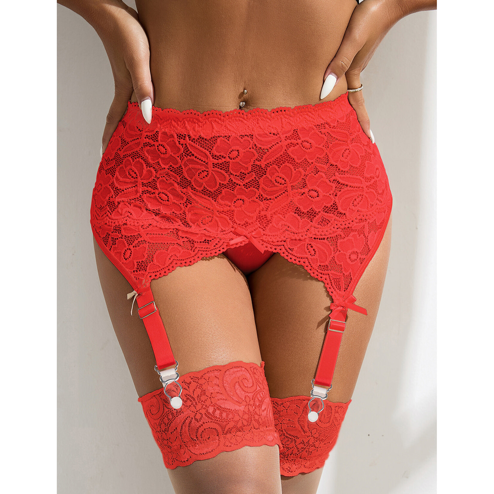 OH YEAH! -  RED SEXY LACE METAL CLIPS GARTER PANTY   M-L RED