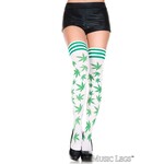 MUSIC LEGS MUSIC LEGS WEED PRINT 3 STRIPE TOP THIGH HIGH WHITE-GREEN O/S