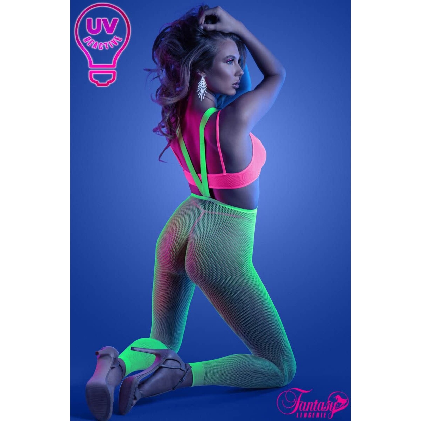 FANTASY LINGERIE FANTASY LINGERIE 3PC UV FOOTLESS BODYSTOCKING NEON GREEN-NEON PINK O/S