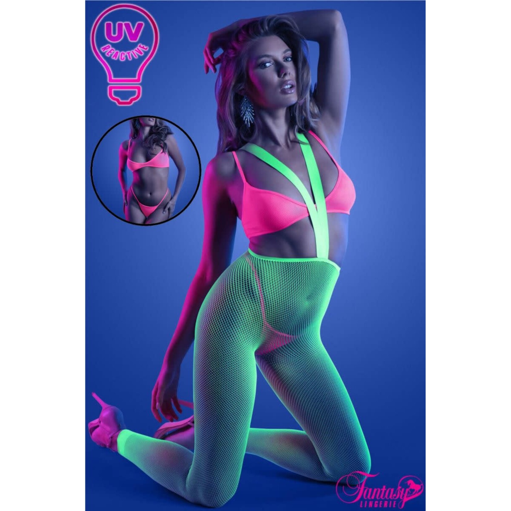 FANTASY LINGERIE FANTASY LINGERIE 3PC UV FOOTLESS BODYSTOCKING NEON GREEN-NEON PINK O/S
