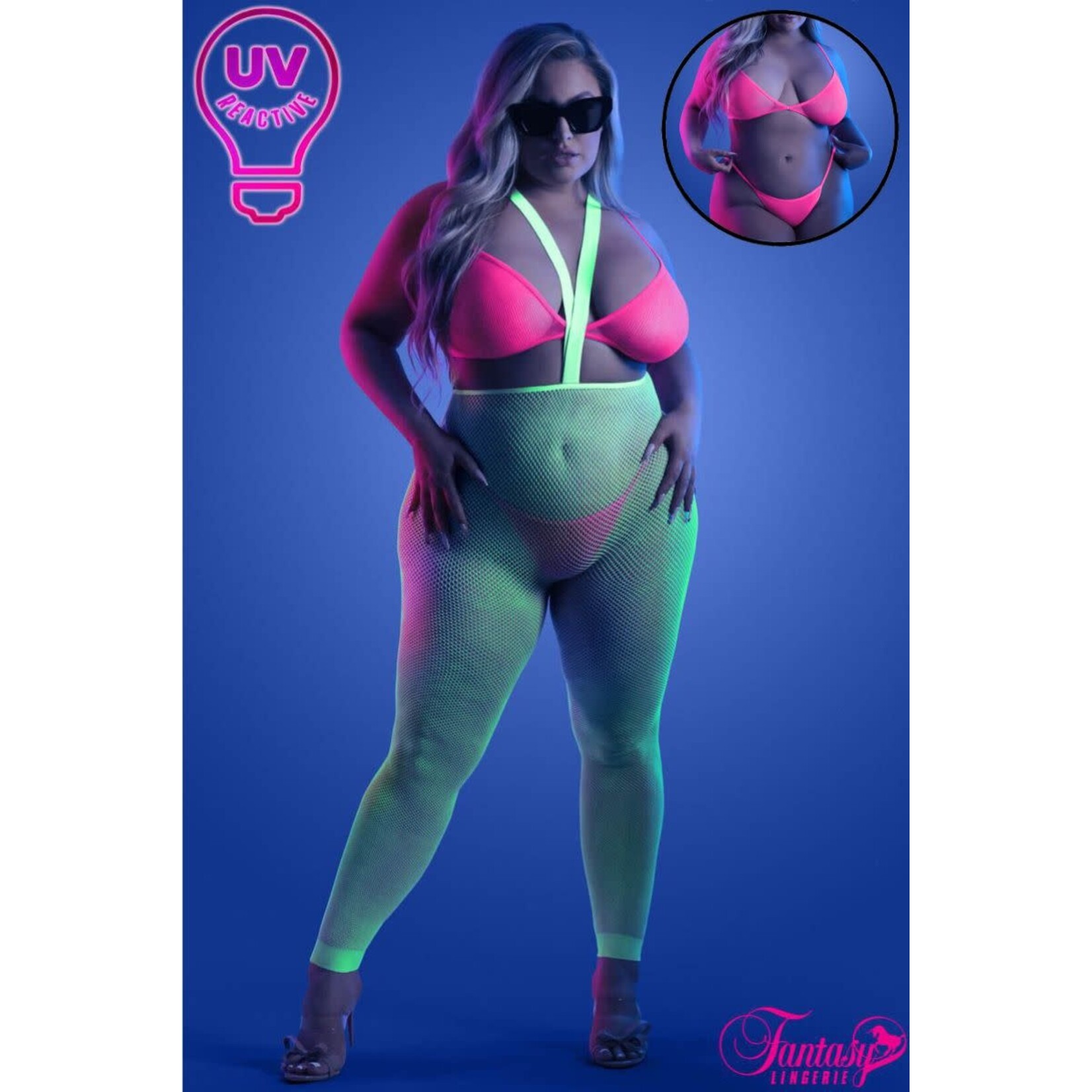 FANTASY LINGERIE FANTASY LINGERIE 3PC FOOTLESS BODYSTOCKING NEON GREEN-NEON PINK QUEEN