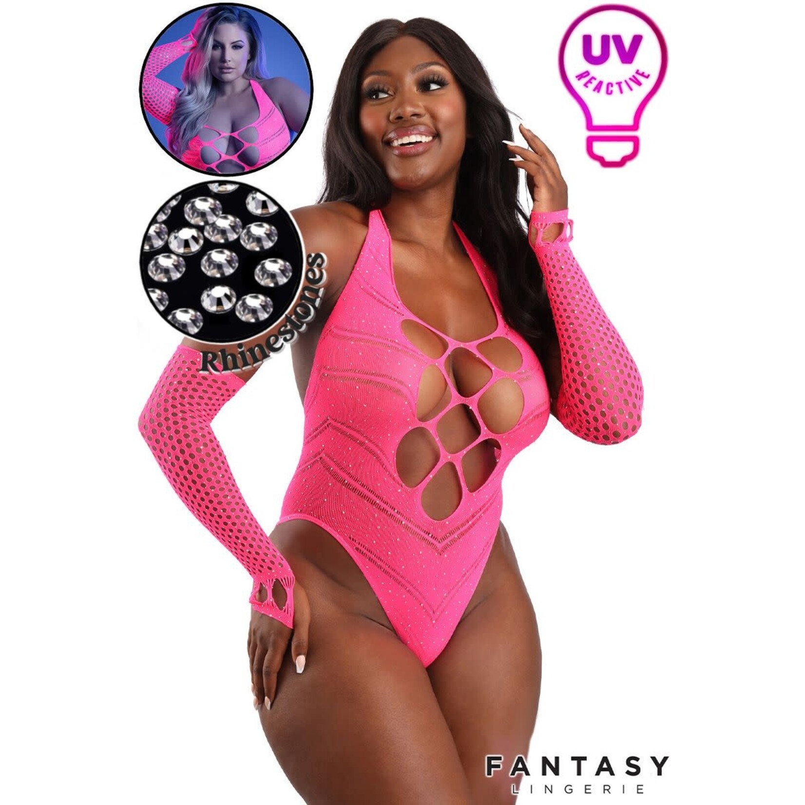 FANTASY LINGERIE FANTASY LINGERIE UV RHINESTONE TEDDY NEON PINK QUEEN