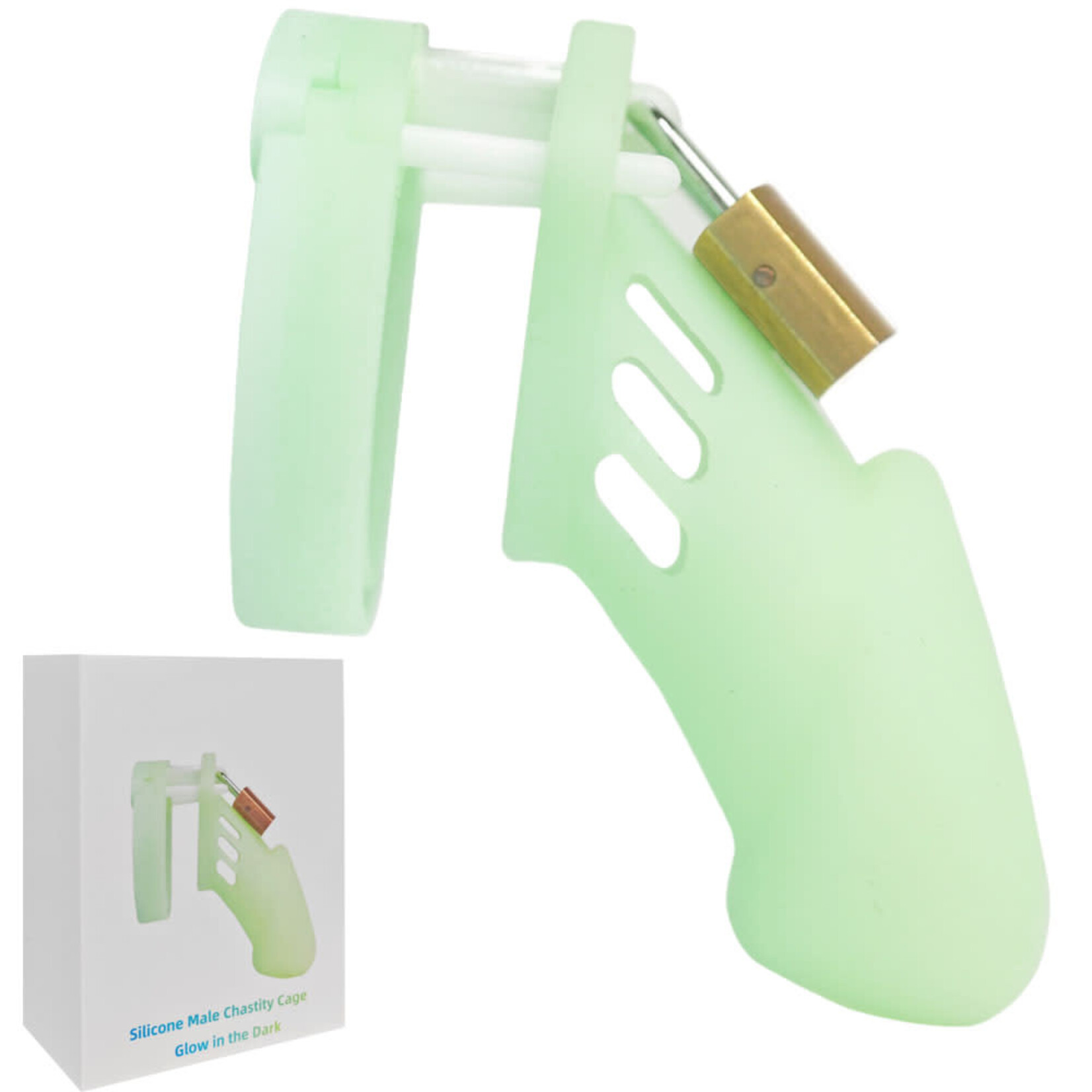 PASSION PLACE 4.33' GLOW-IN-THE-DARK GREEN WATERPROOF SILICONE MALE CHASTITY CAGE WITH LOCKS