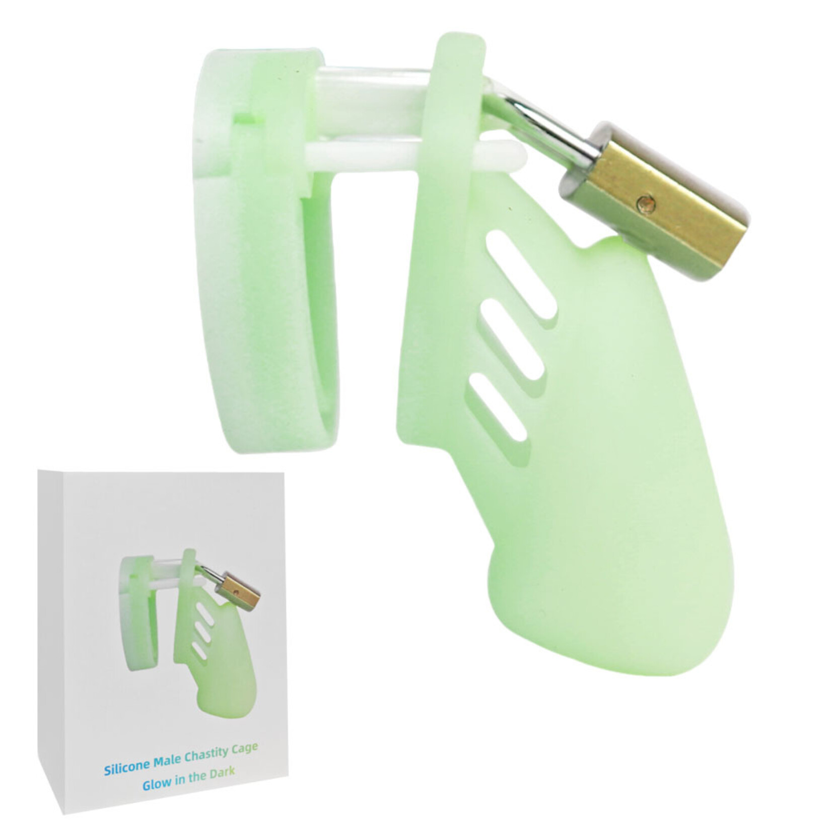 PASSION PLACE 3.55 INCH GLOW-IN-THE-DARK GREEN WATERPROOF SILICONE MALE CHASTITY CAGE WITH LOCKS