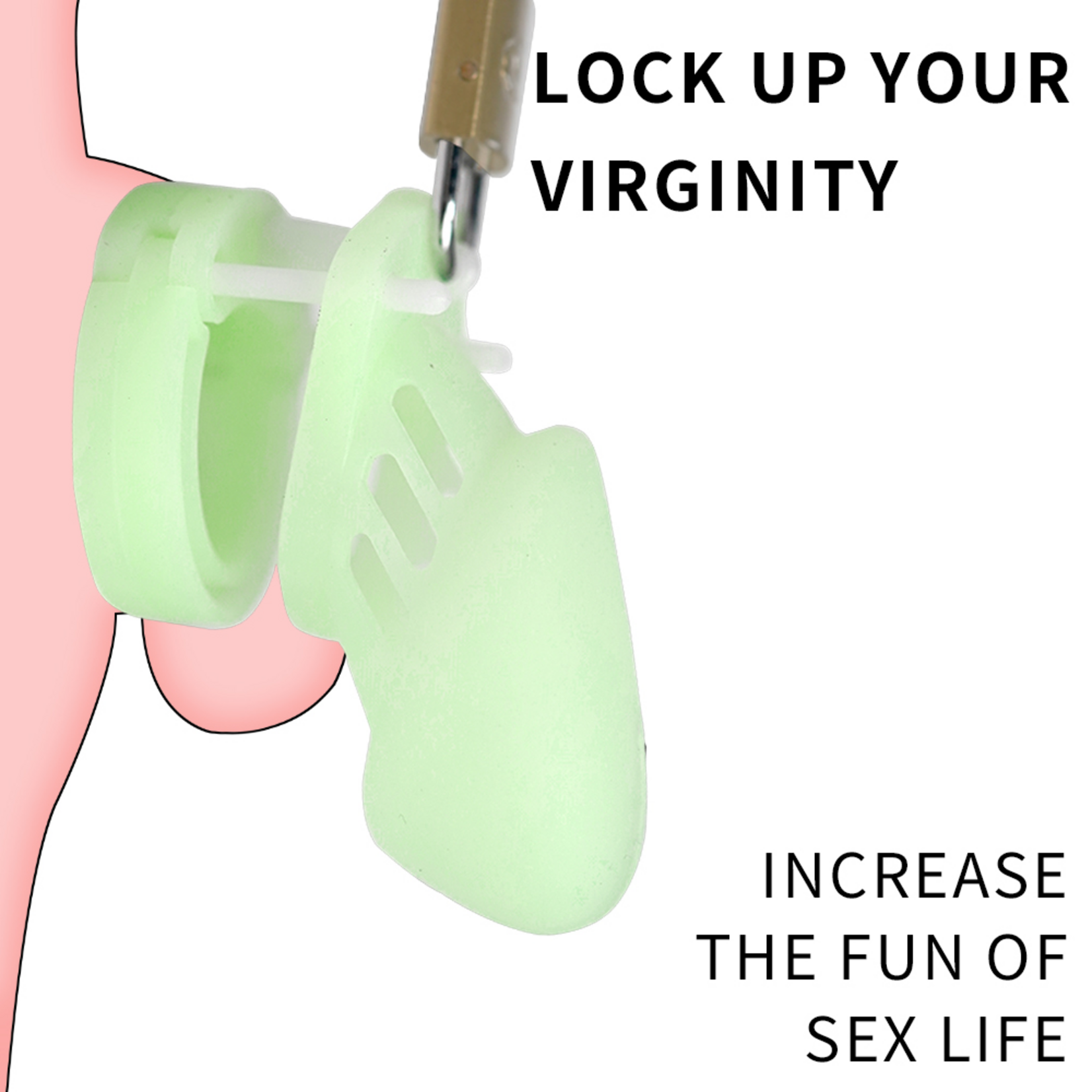 PASSION PLACE 3.55 INCH GLOW-IN-THE-DARK GREEN WATERPROOF SILICONE MALE CHASTITY CAGE WITH LOCKS
