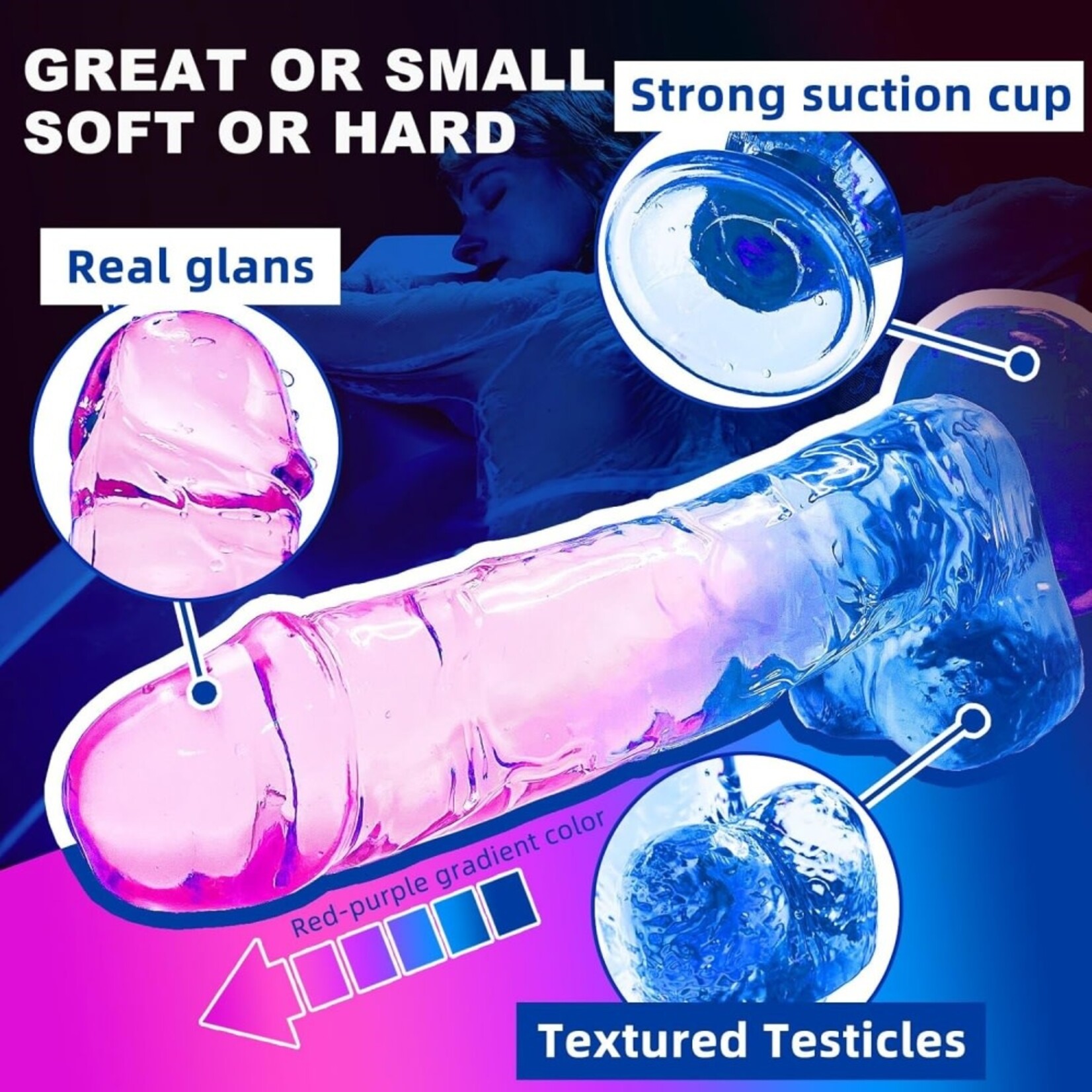 PASSION PLACE 7.09'' CLEAR PURPLE & BLUE TPE DILDO WITH STRONG SUCTION CUP