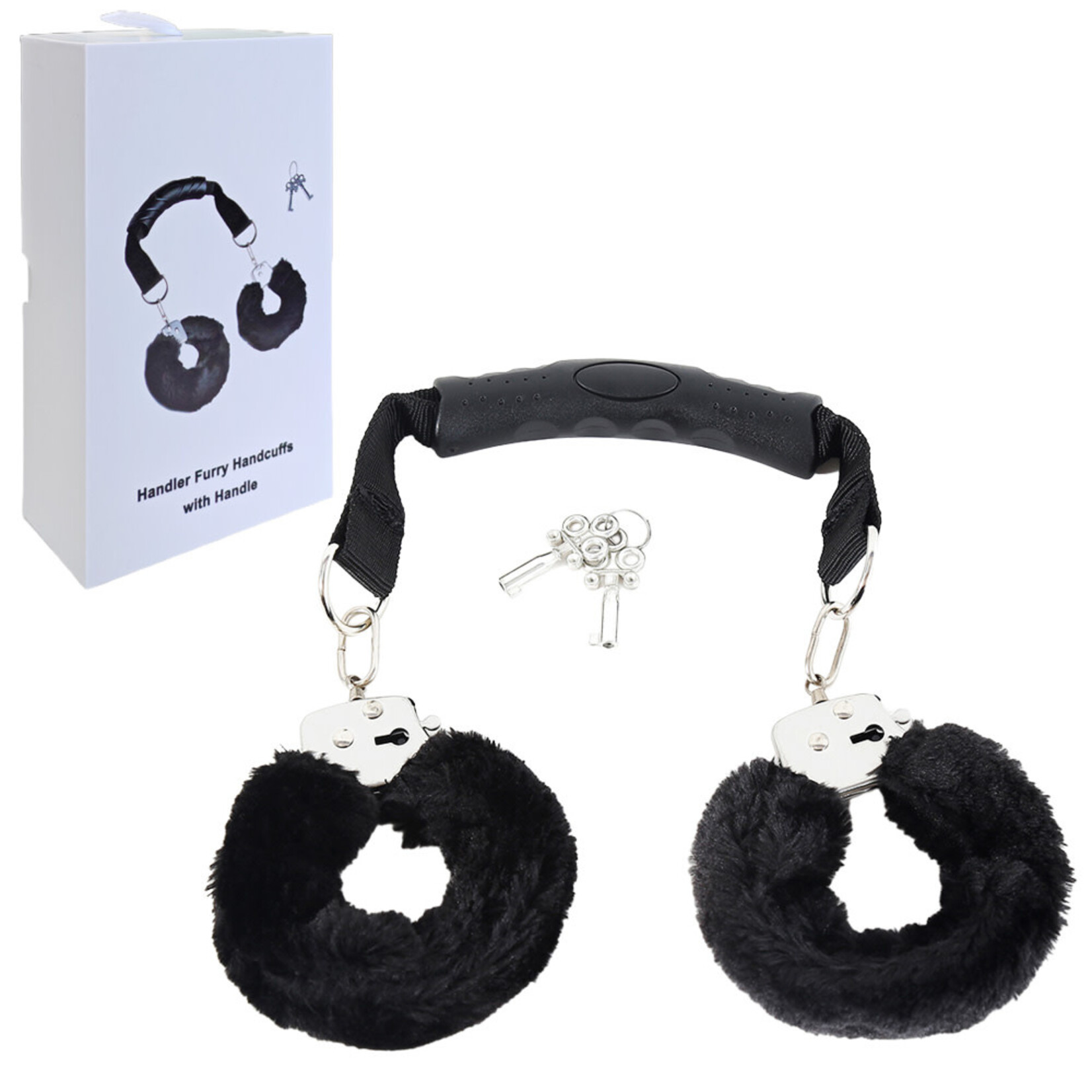 PASSION PLACE  BLACK HANDLER FURRY HANDCUFFS WITH HANDLE
